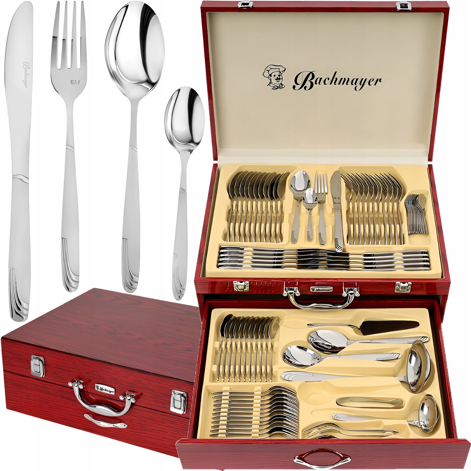 SZTUĆCE STALOWE SREBNE W DREWNIANEJ KASECIE 84EL SERWIS OBIADOWY NA 12 OSÓB