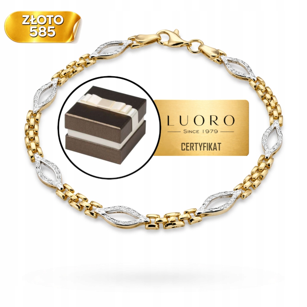 Náramek Zlatý 585 14K Dvoubarevné Lístky 19,5 CM Elegantní Celebrita