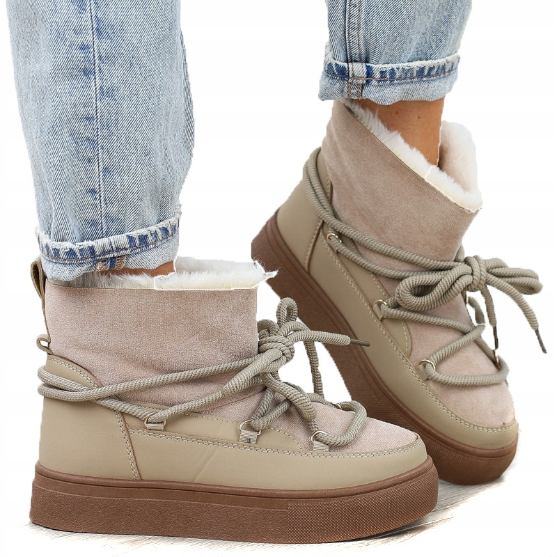 Béžové kotníkové boty zimní zateplené sněhule Eskimoski s kožíškem