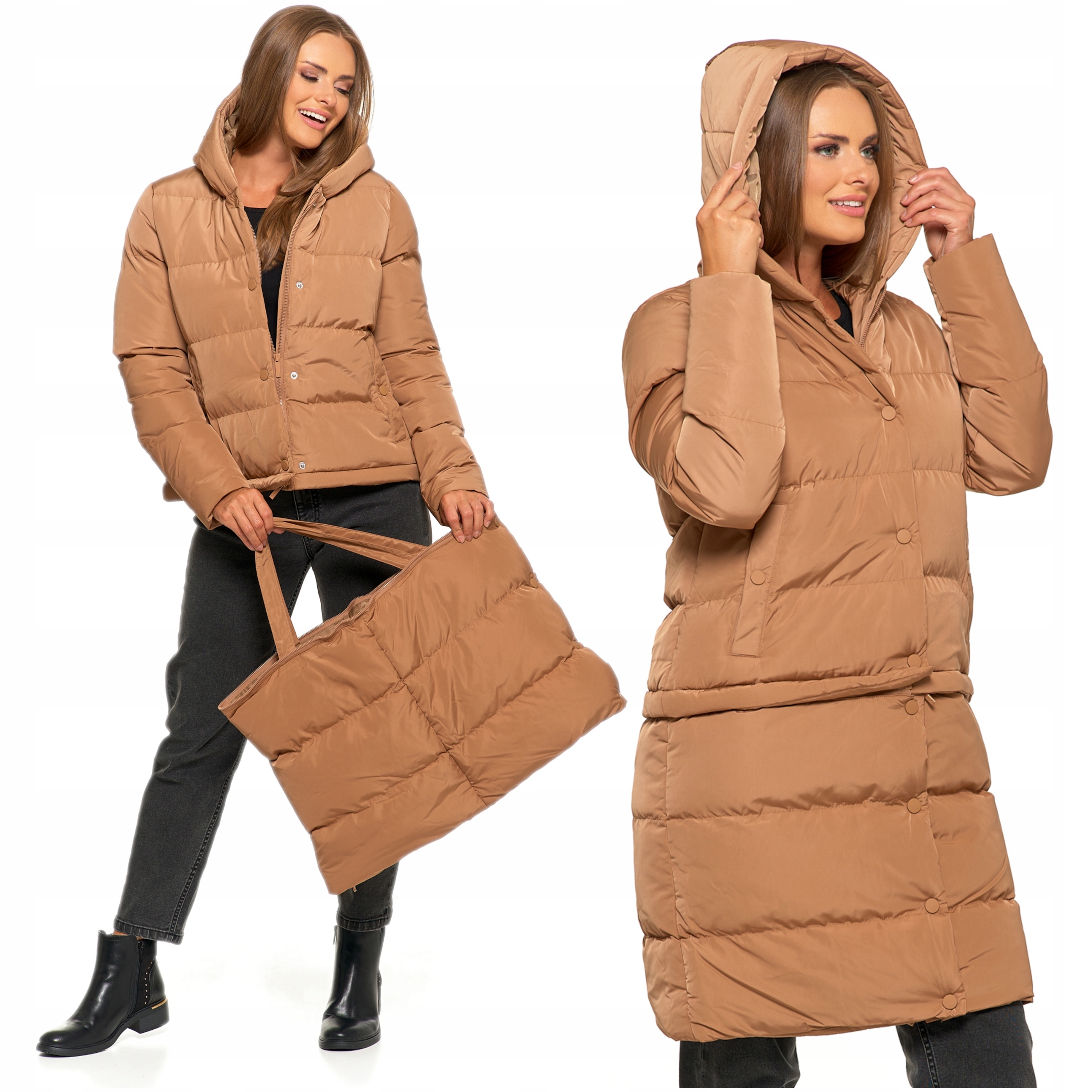 Dlouhá dámská bunda 2v1 Odnímatelná péřová teplá Stylová bunda Moraj S