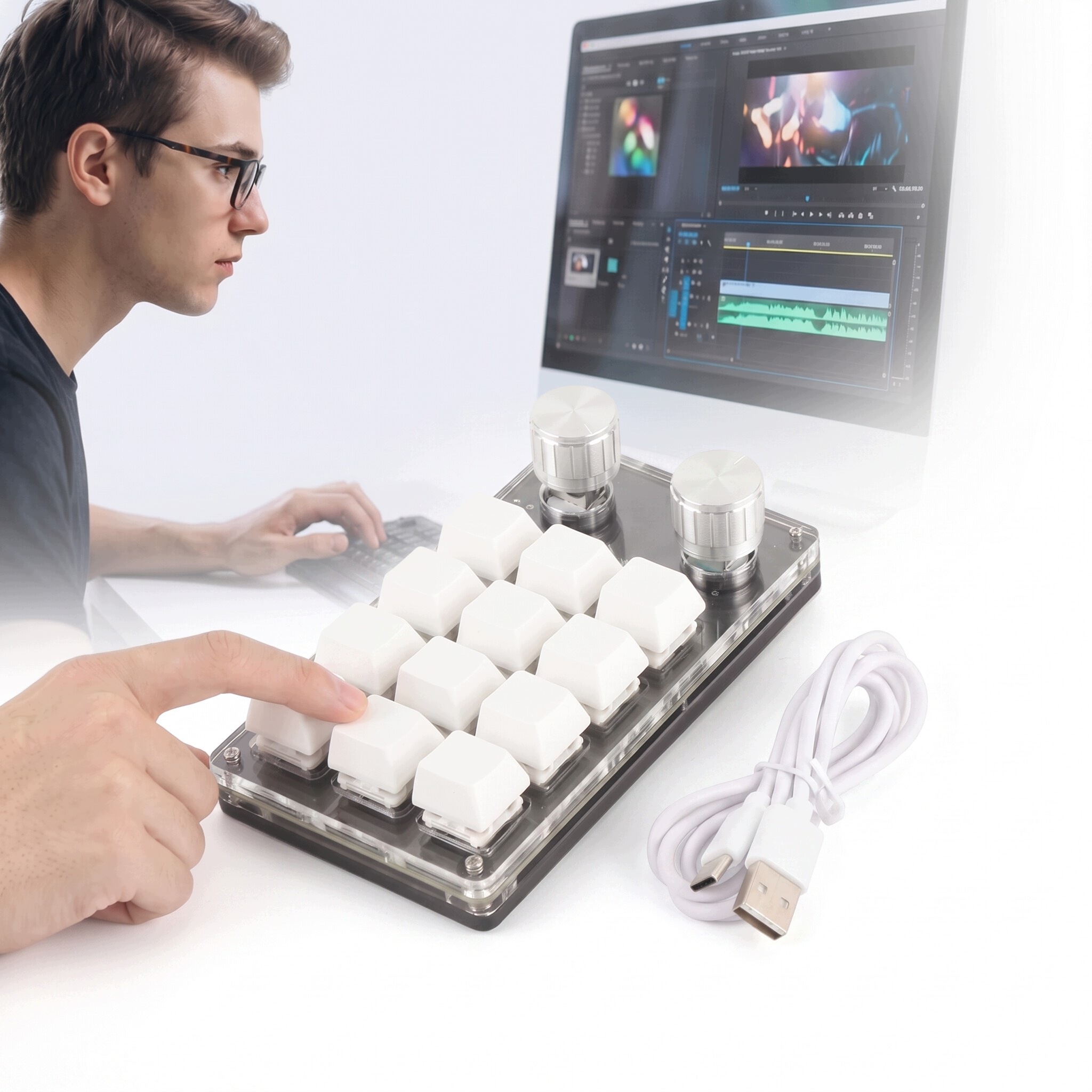 Jednoruční Makro Klávesnice 12 Kláves S Mechanickým Knoflíkem Pro Hry