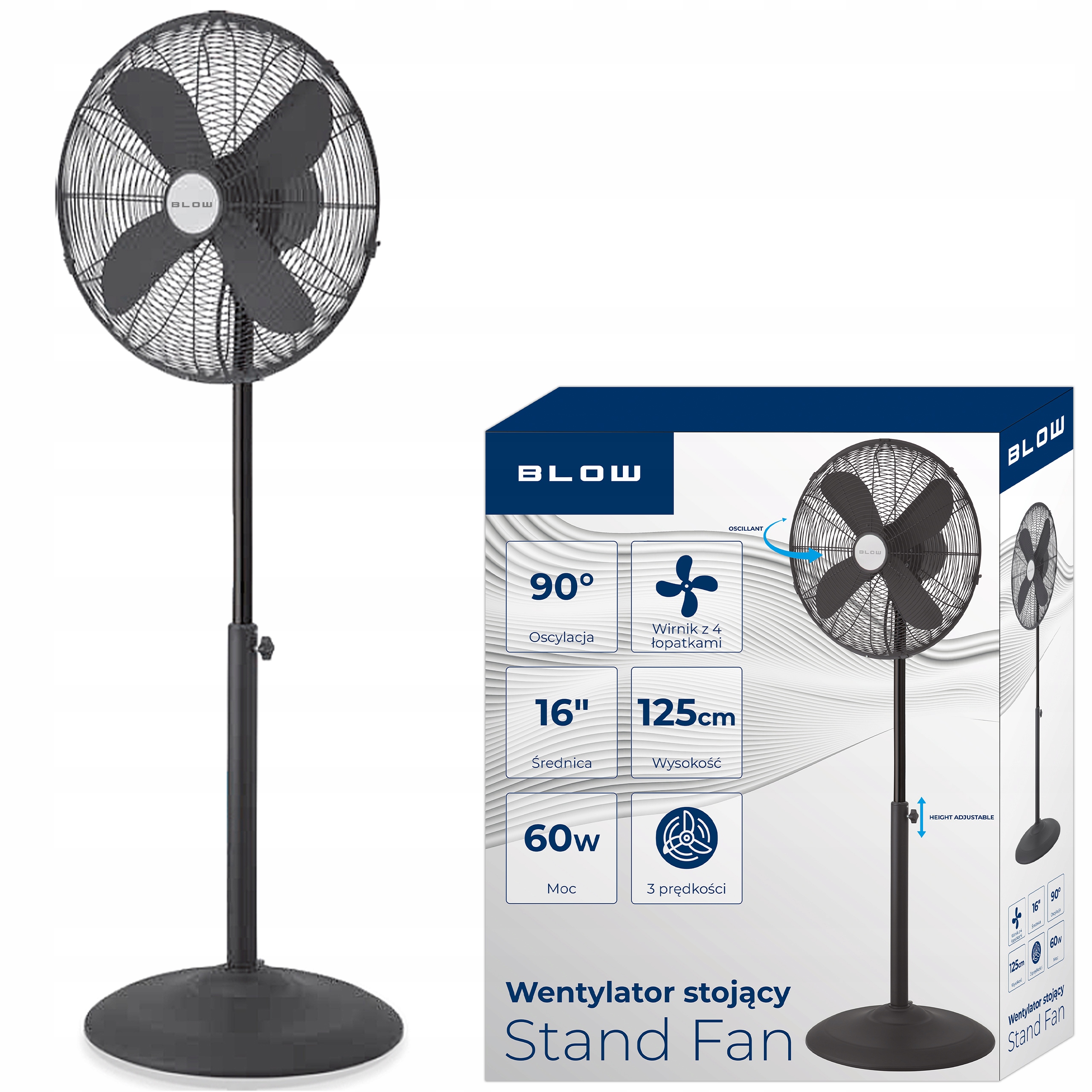Ventilátor Větrák Stojící 4 Lopatky 60W Vysoký Tichý Silný Kovový 40cm