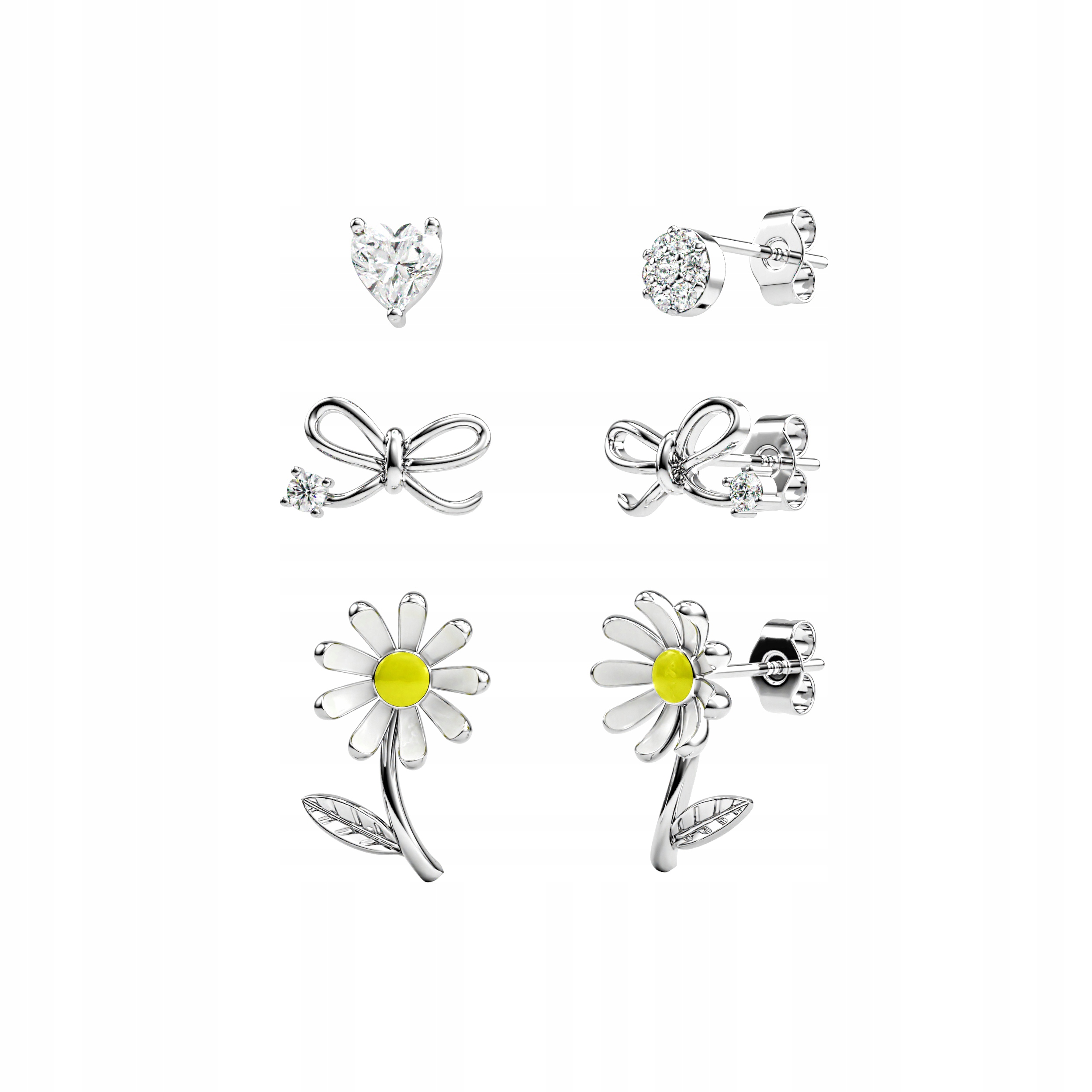 Stříbrné Náušnice Sada 3 párů tyčinek Mašlička Srdce sedmikráska Fraise
