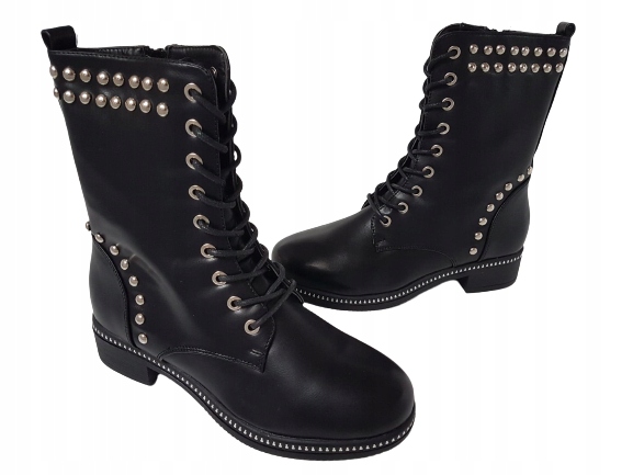 CZARNE WYSOKIE TRAPERKI 36 SZTYBLETY Z NITAMI WORKERY