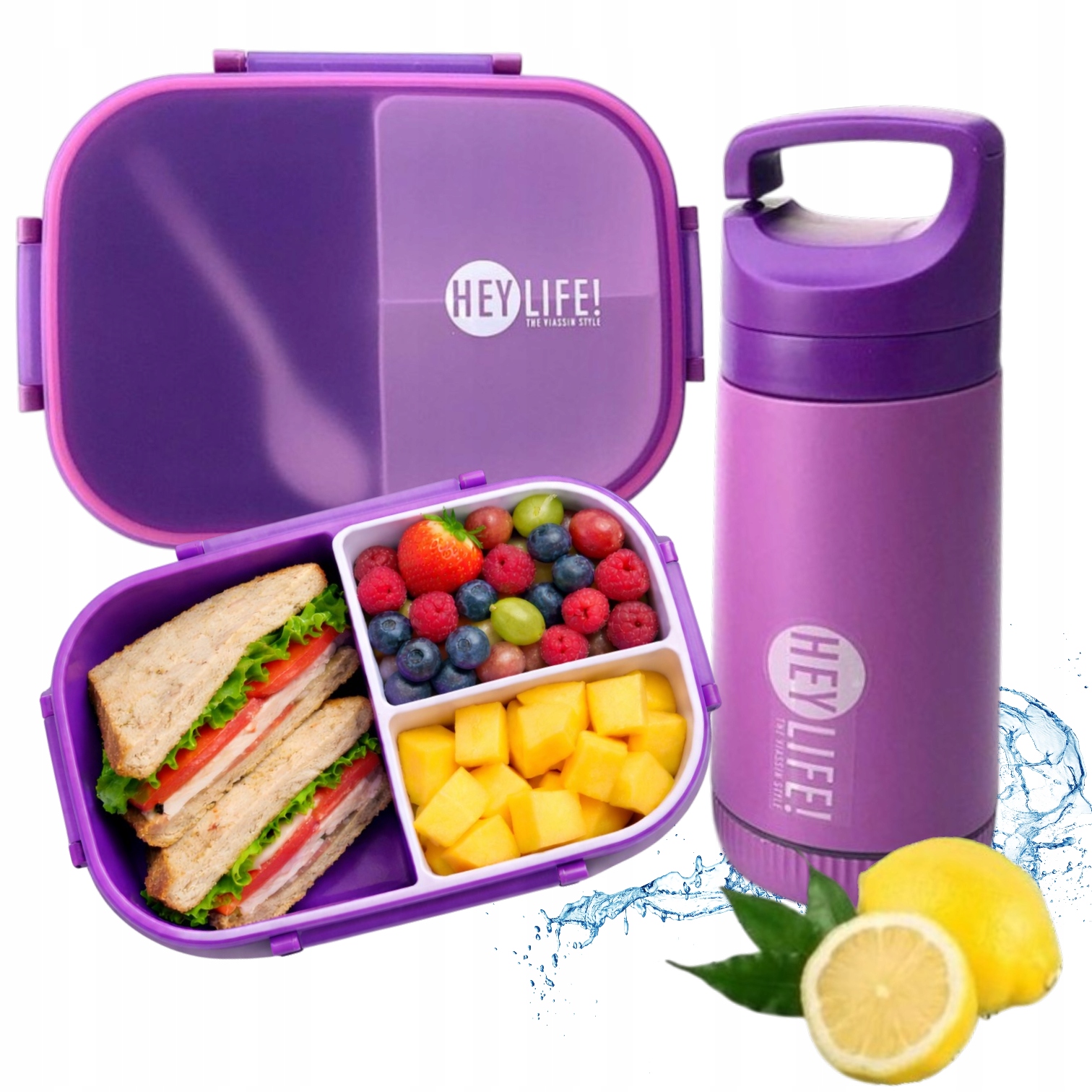 eCarla pojemnik Lunch Box organizer z butelką i łyżeczką fioletowy 1200ml