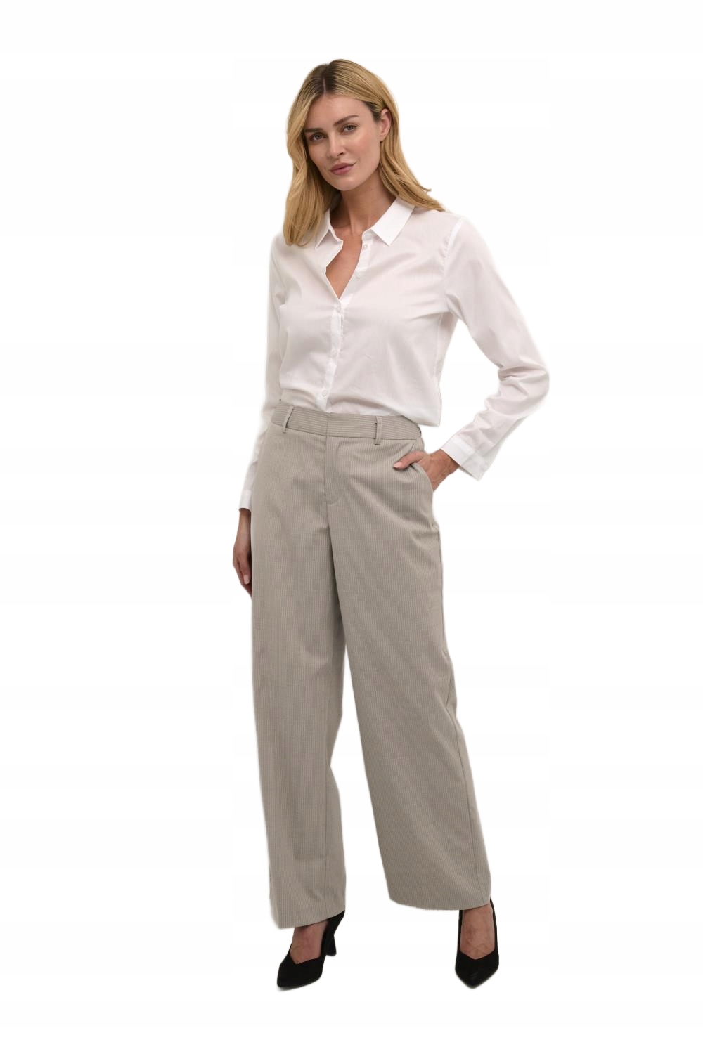 Kaffe Elegantní Pruhované Doutníkové Kalhoty Béžové 44 6BA