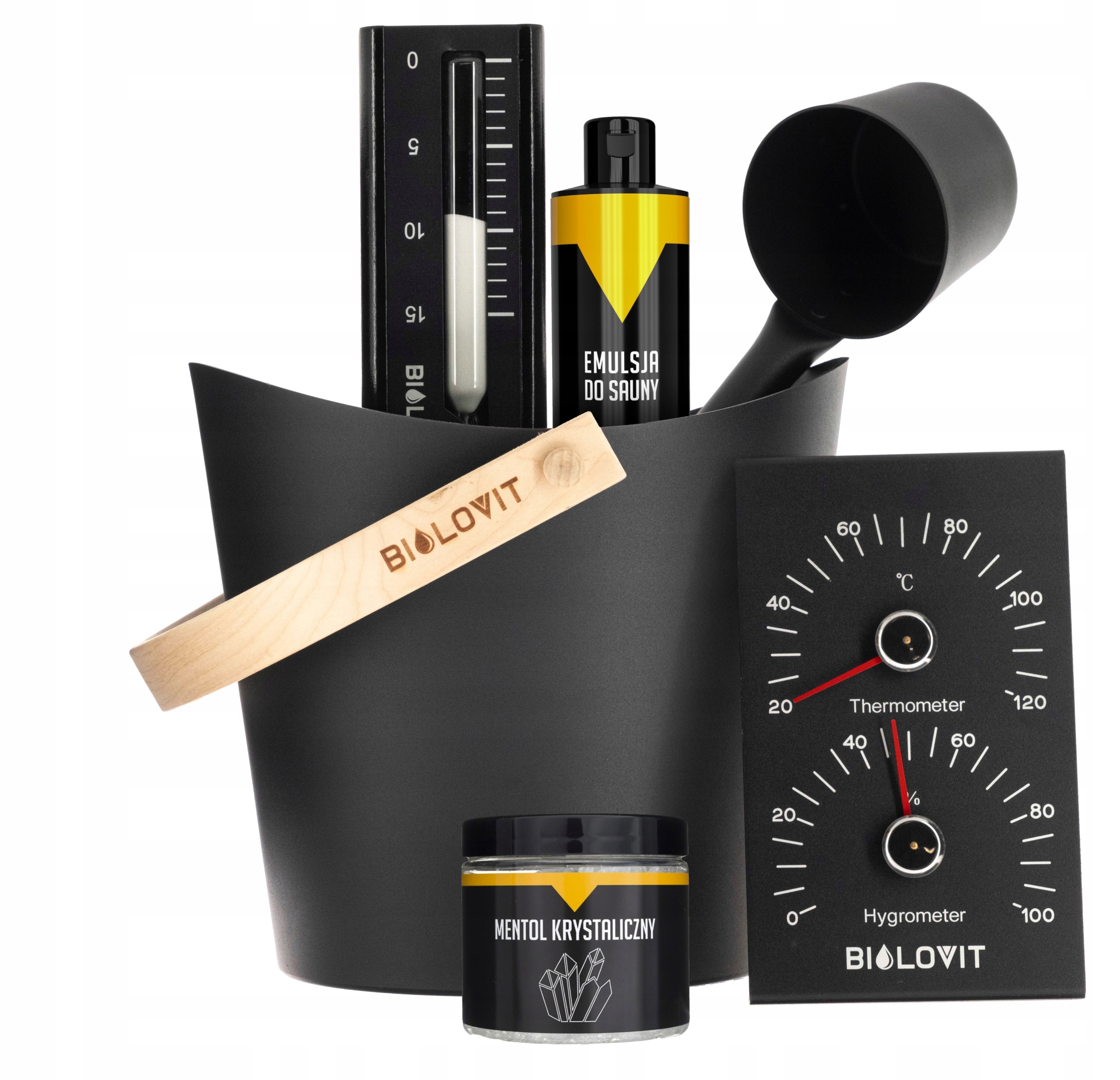 Saunový set Premium Príslušenstvo Vedro Teplomer Presýpacie hodiny Lyžica Mentol