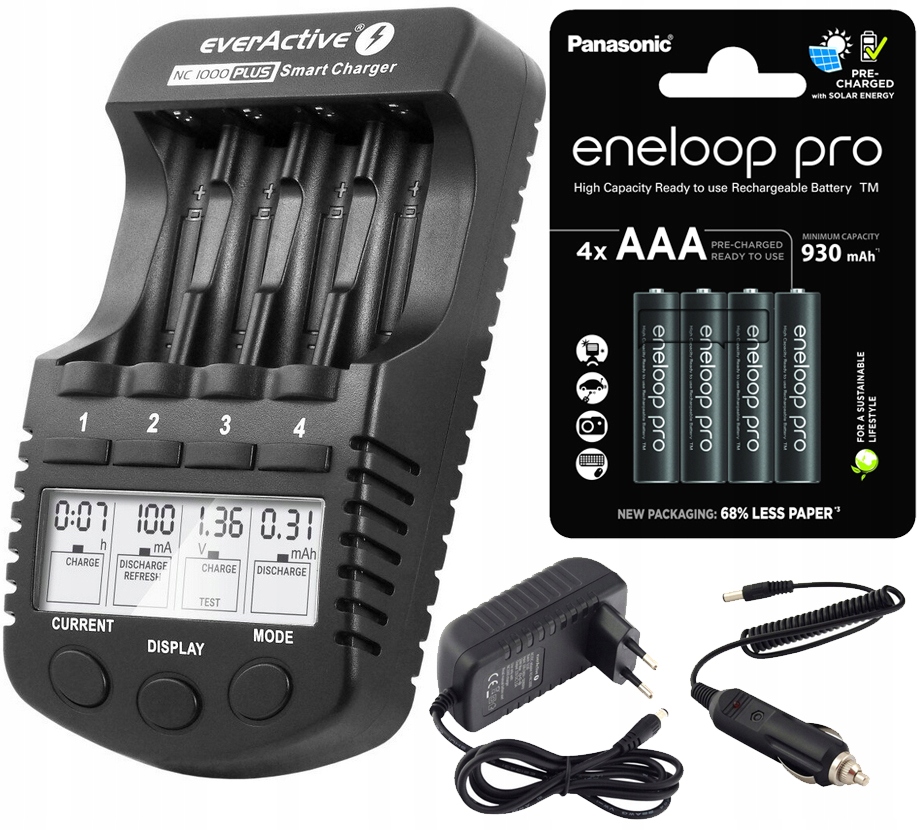 Nabíječka Baterií Aa Aaa LCD 4 Nezávislé Kanály +4x Nabíjecí Baterie Eneloop