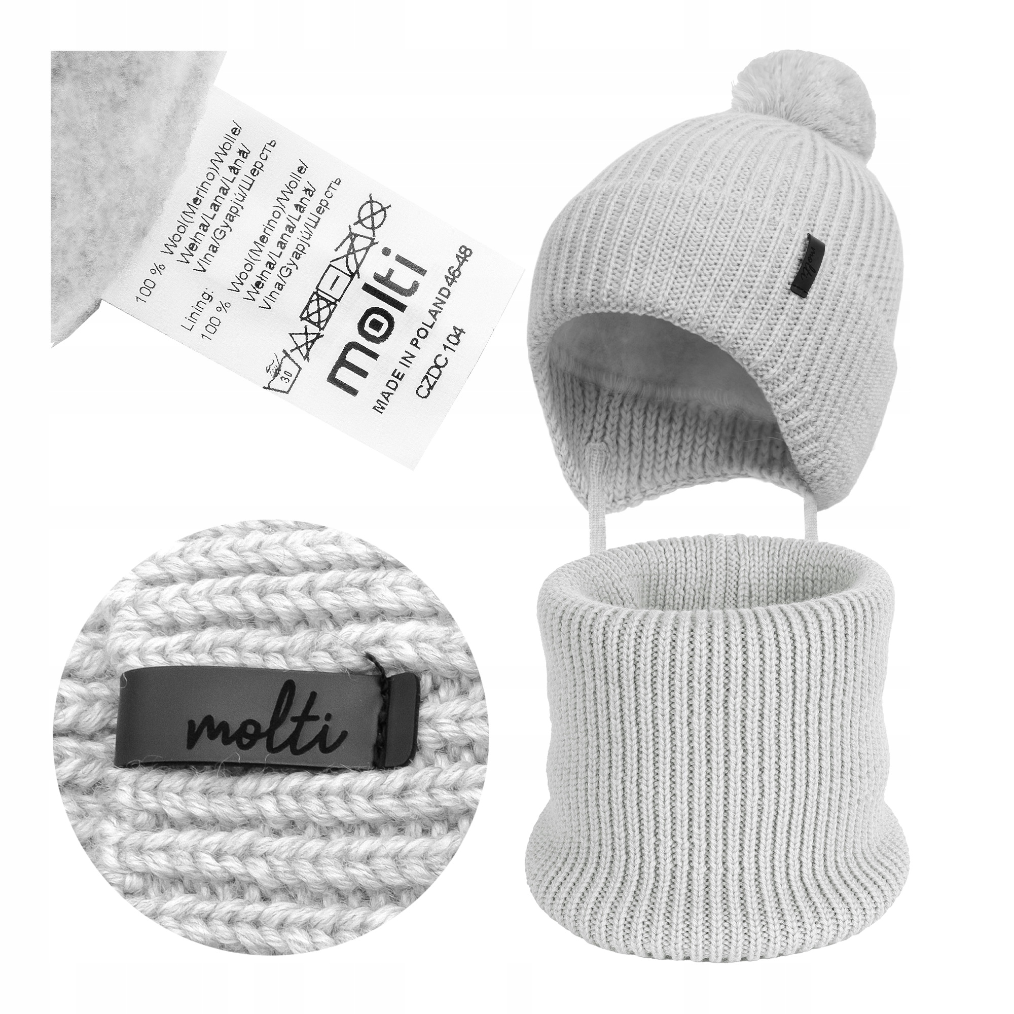 Czapka i komin Merino Komplet zimowy ciepły dziecięcy polar wiązany 46-48