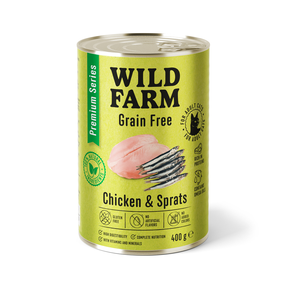 9X Wild Farm Prémiové krmivo pro kočky pro kočky bez obilovin s kuřecím masem a šproty 400 g