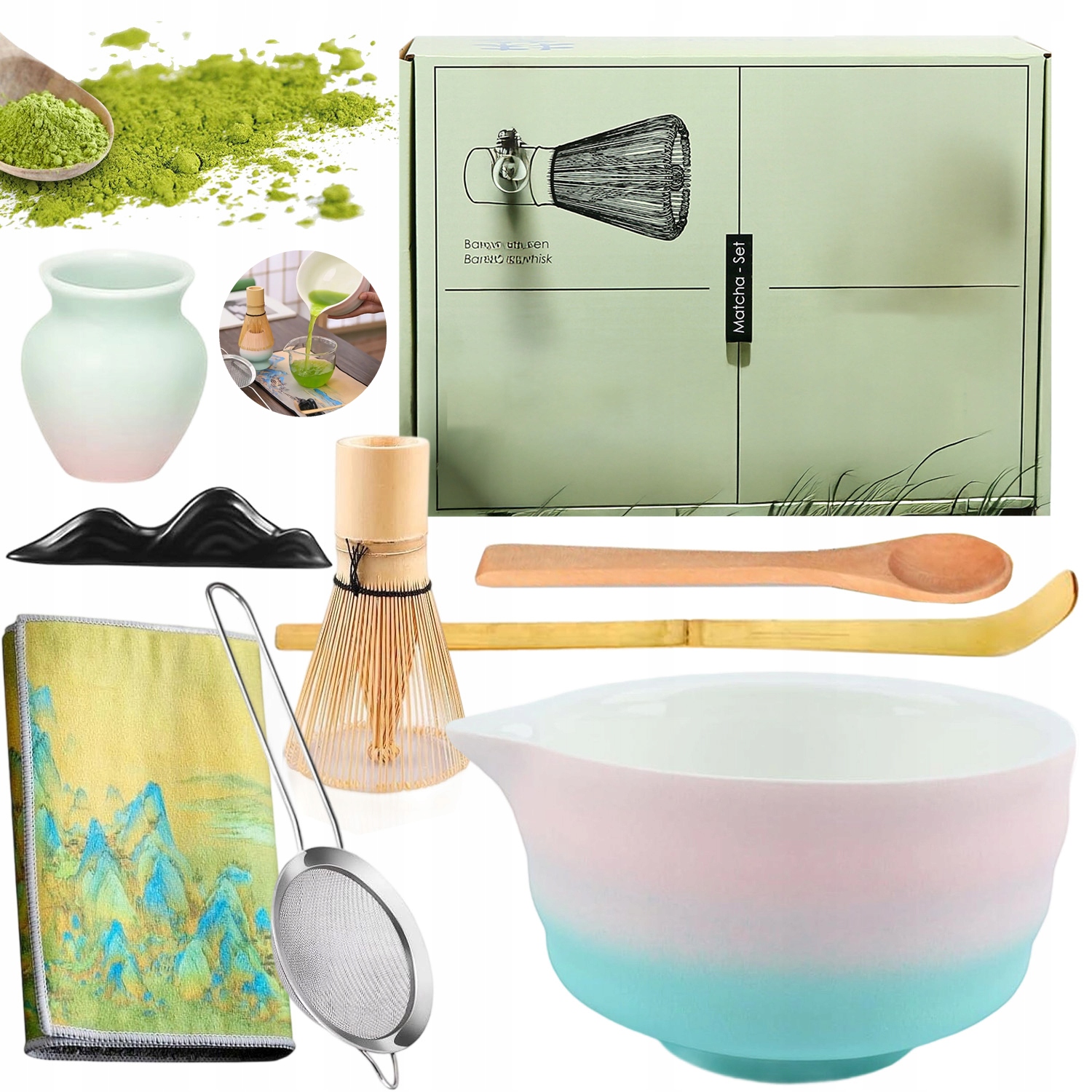 Bambusowy Zestaw Prezentowy Do Herbaty Matchy Chashaku Trzepaczka Ceramika