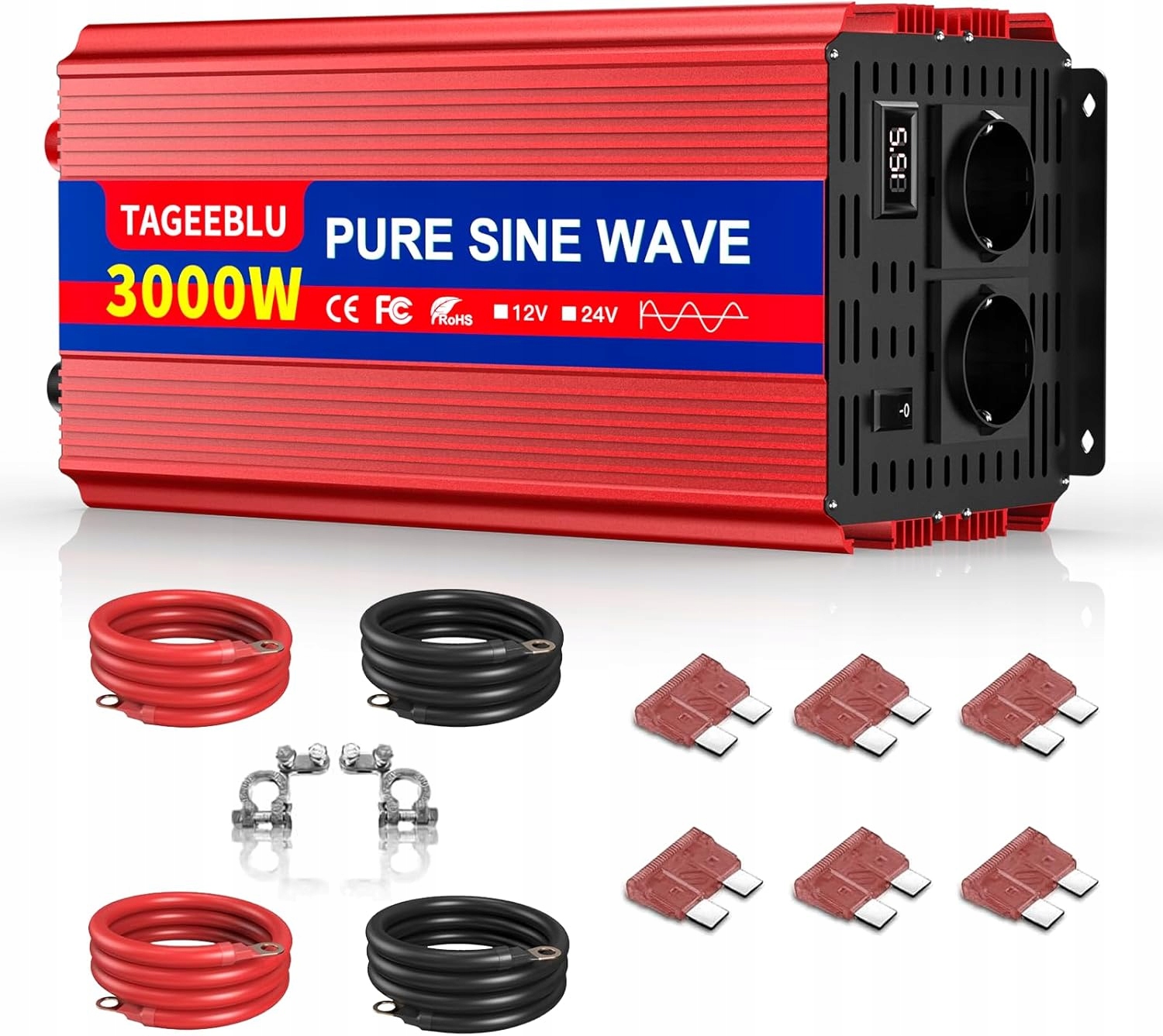 Menič meniča Kamper Auto 12V 230V 3000W Celý Sinus Klemy