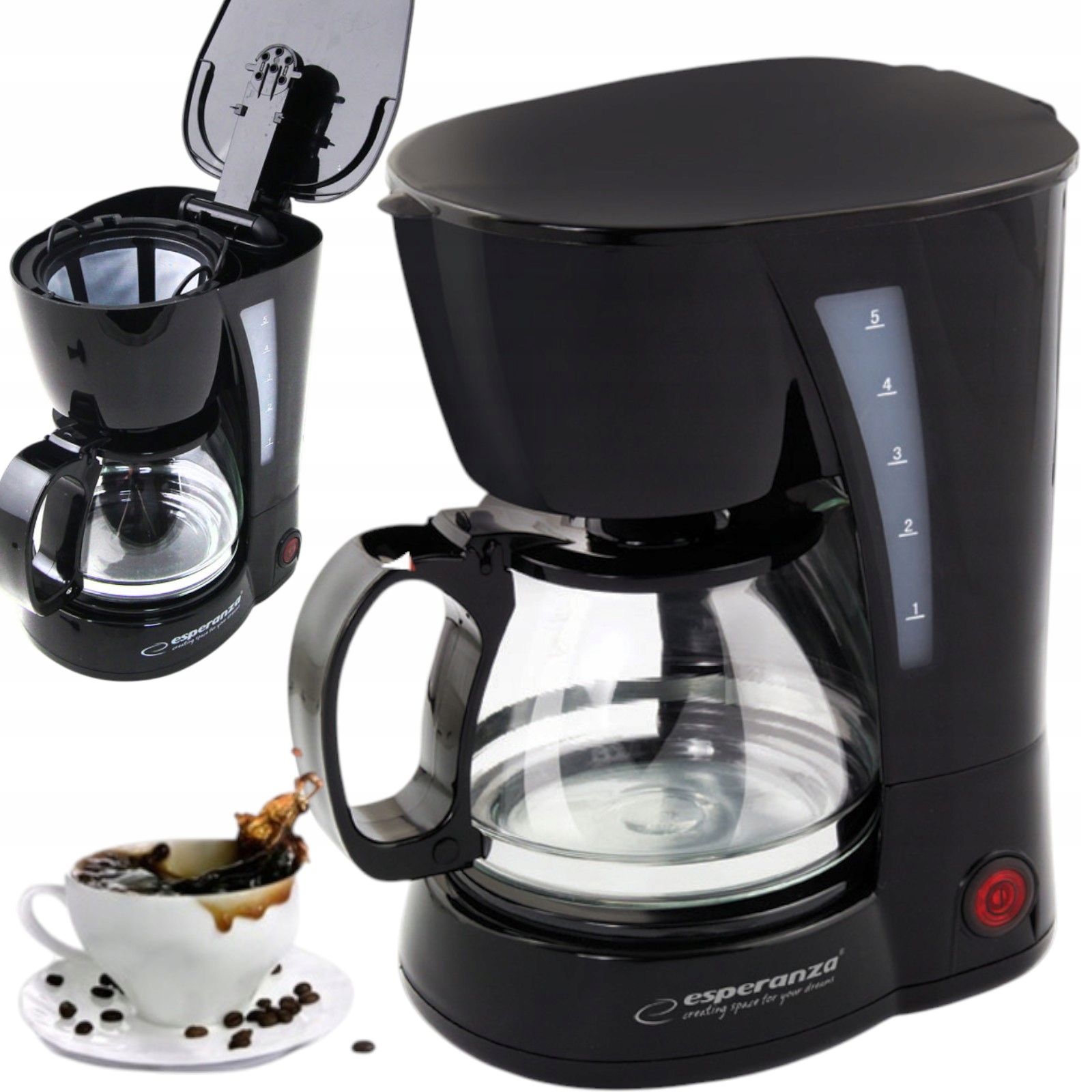 Ekspres Przelewowy do kawy herbaty Szklany Dzbanek Filtr 0,6L 650W Czarny