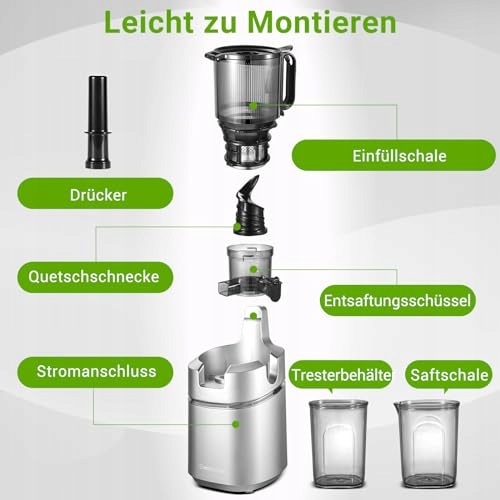 AMZCHEF Wolnoobrotowy Wyciskarka 250W 135MM Do Warzyw i Owoców 1,8L Srebrna — miniatura 8