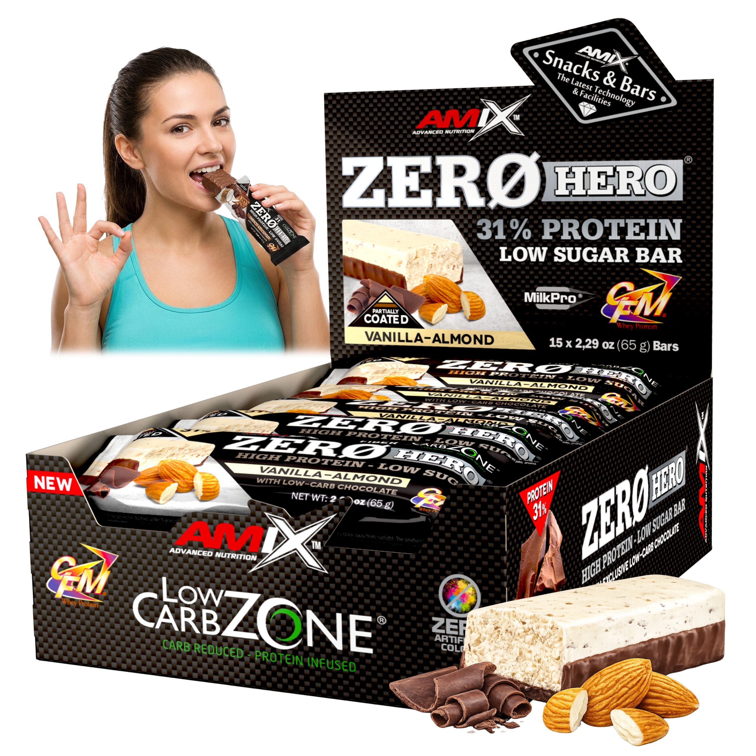 Baton Proteinowy Zero Hero Waniliowy Migdałowy opakowanie 15 sztuk keto