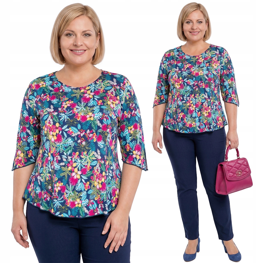 Tmavě modrá halenka s tropickým vzorem plus size velikost 56/58