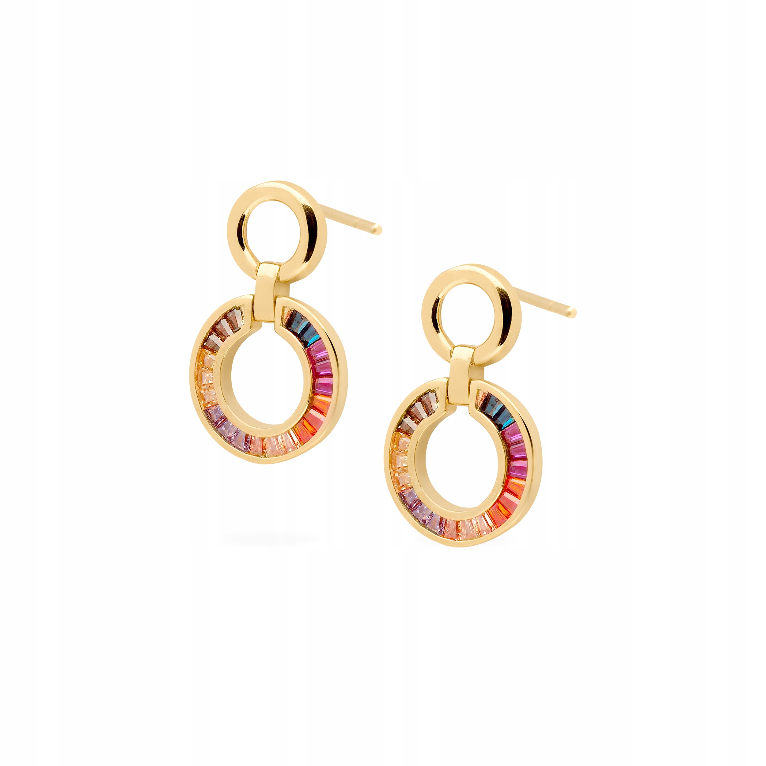 Kolczyki wiszące pozłacane Ania Kruk kółka kolorowe cyrkonie srebro 925