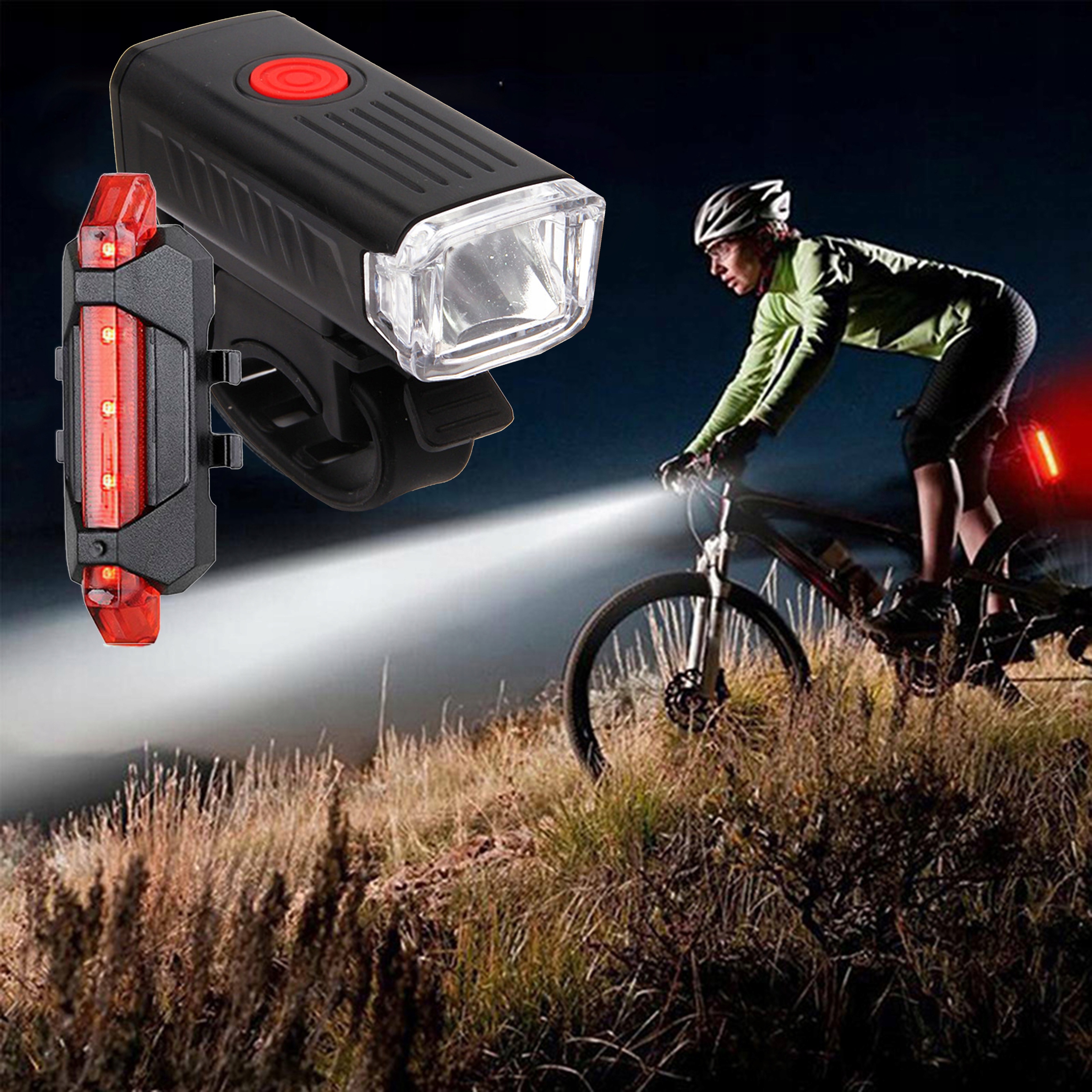 ZESTAW LAMPEK ROWEROWYCH LED PRZÓD I TYŁ DO ROWERU + USB LAMPKI ROWEROWE Czas pracy 12 h