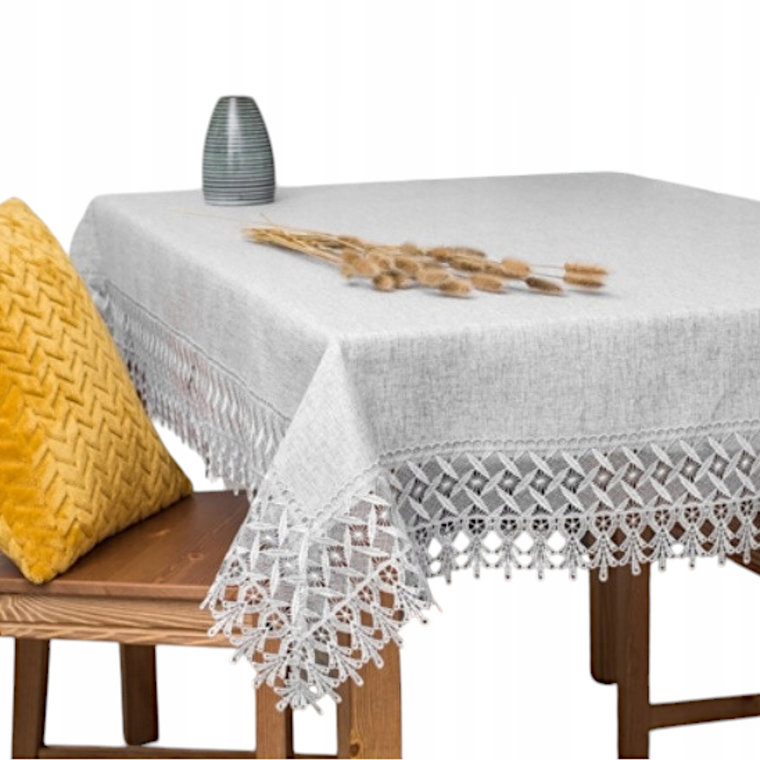 Obrus na stół Szary Z Gipiurą plamoodporny 120x220 z koronką