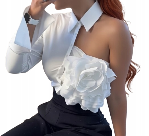 MD bílá dámská košile halenka s květinou 3D květ límec knoflíky L/40