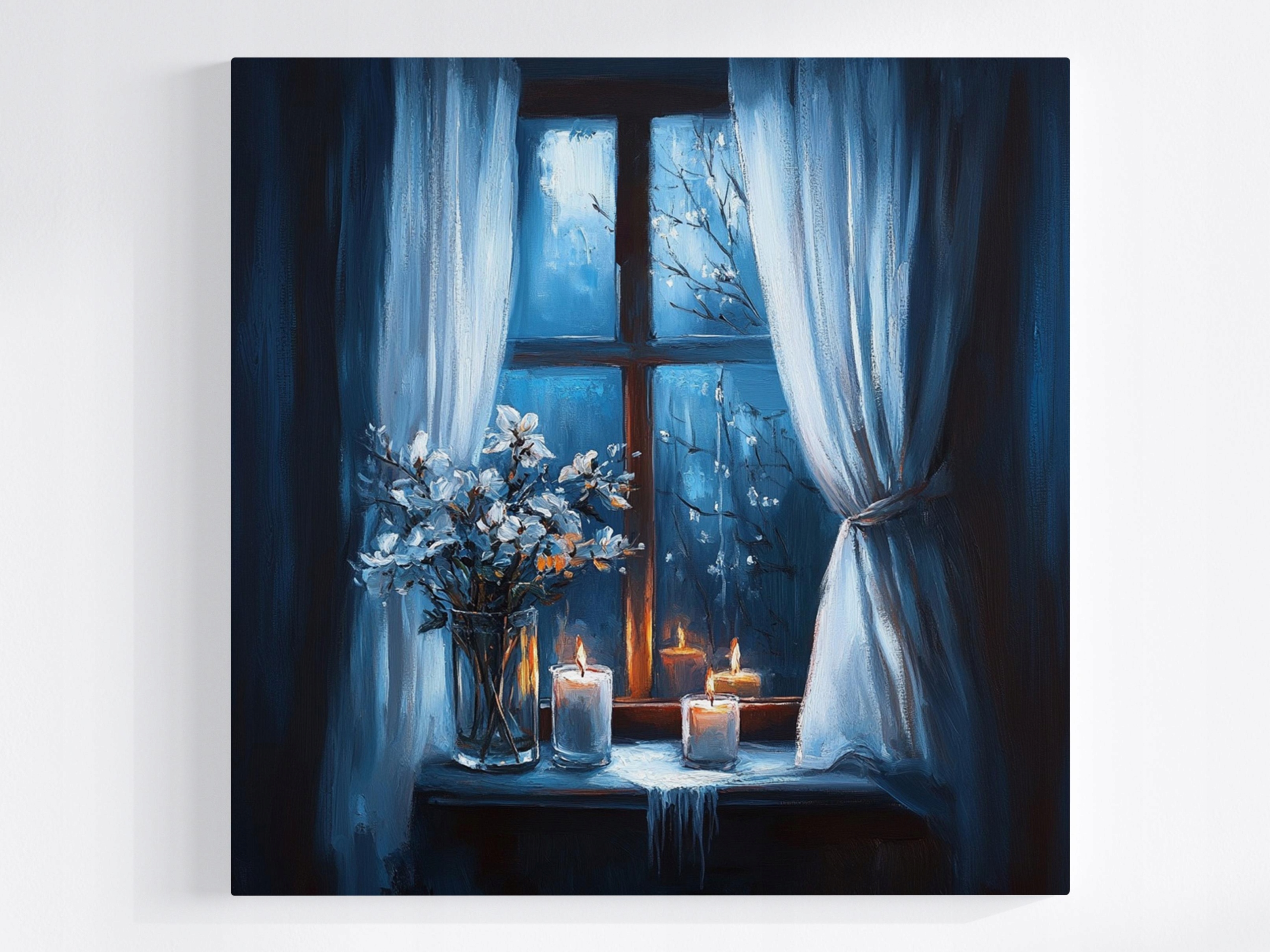 Obraz Na Plátně Canvas Okno Večer Noc Svíčky Květiny Nálada Pohled 80x80