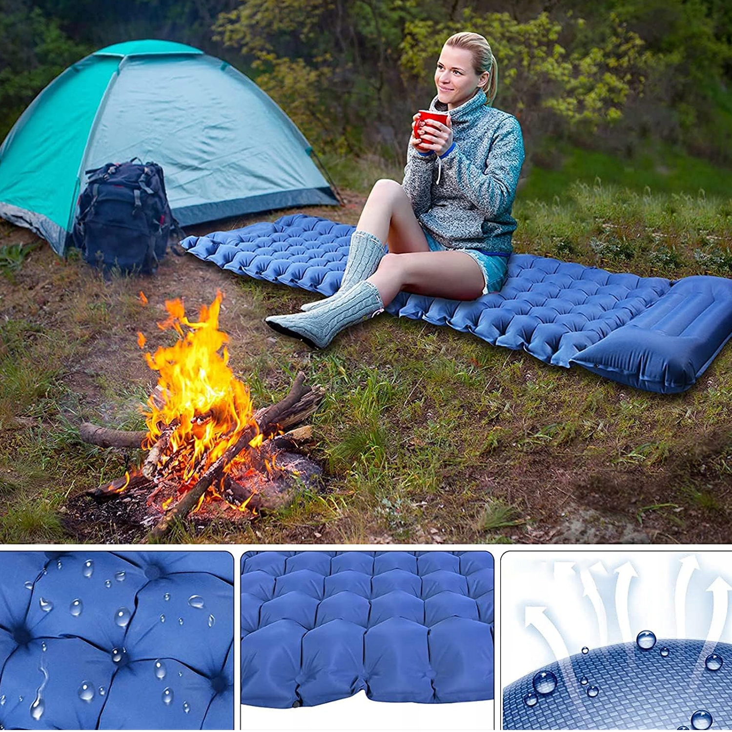 SAMOPOMPUJĄCA MATA KEMPINGOWA DO SPANIA Z POMPKĄ DO STÓP WODOODPORNA 8 CM Długość 198 cm