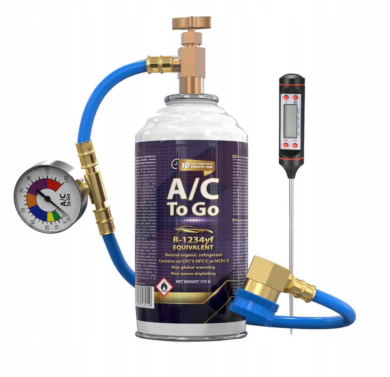 Naplnění klimatizace aut novým plynem R-1234yf teploměr