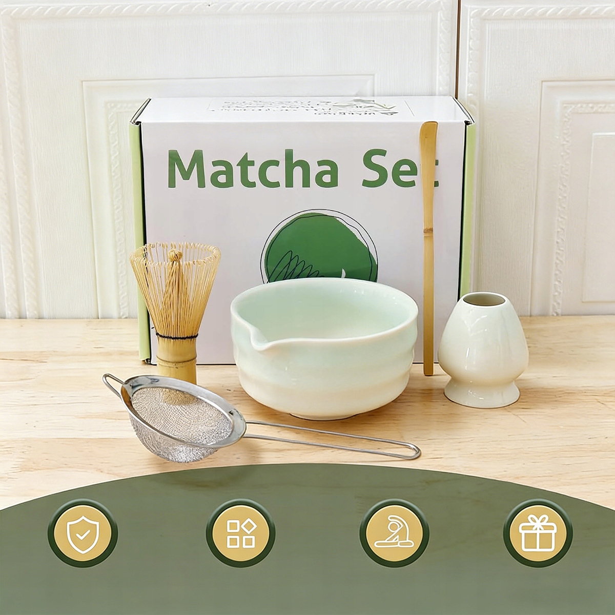 Matcha ruošimo rinkinys 5w1 su chasen šluotele ir chashaku šaukšteliu namų ritualui