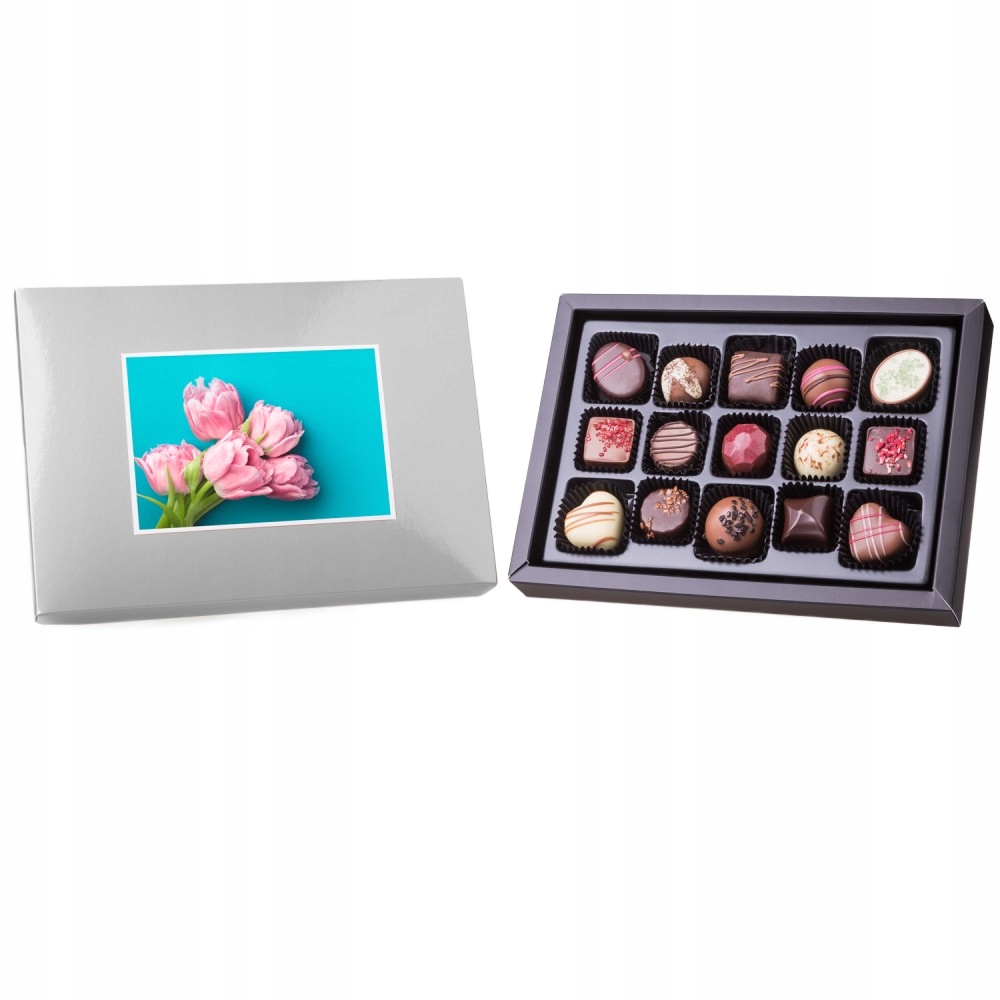 15 ręcznie wykonanych pralin Belgijska Czekolada srebrne pudełeczko 180 g