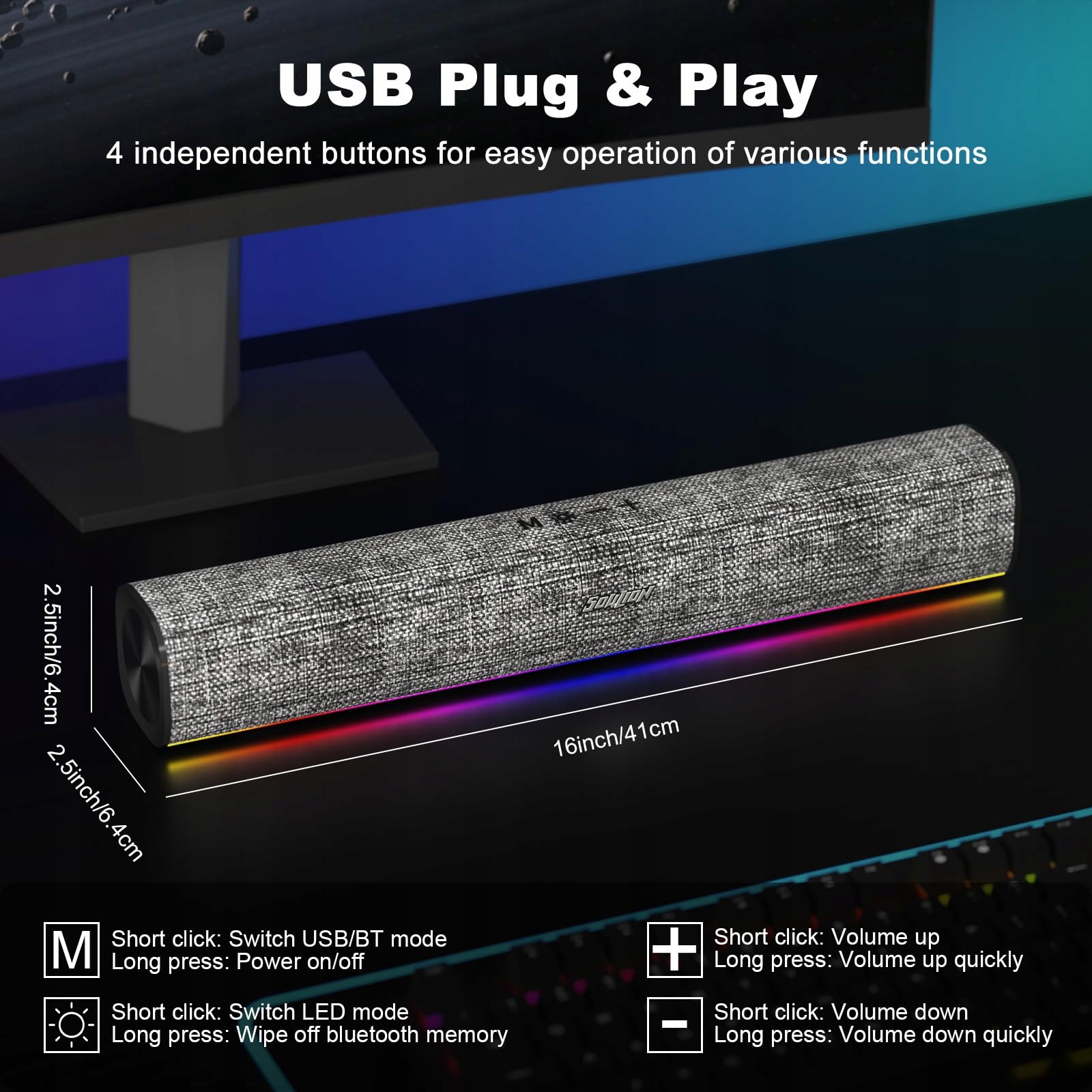 SOULION R100 Głośniki Komputerowe Bluetooth Kolorowe Światła Stereo USB — miniatura 4