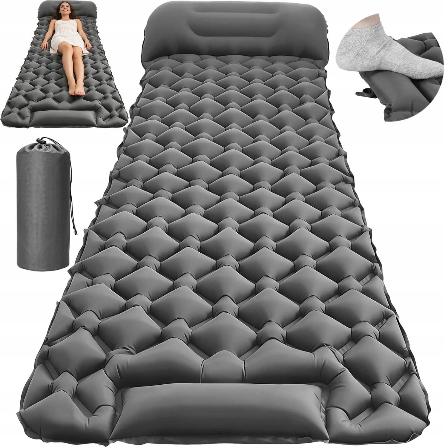 Materac Turystyczny Trekkingowy Dmuchany Mata Ultralekki Z Wbudowaną Pompką