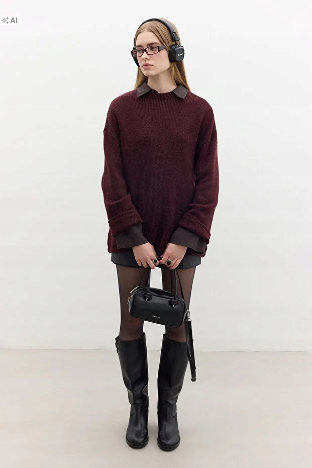 Měkký Vínový Oversize Svetr S Pleteným Rukávem M/L 5IA