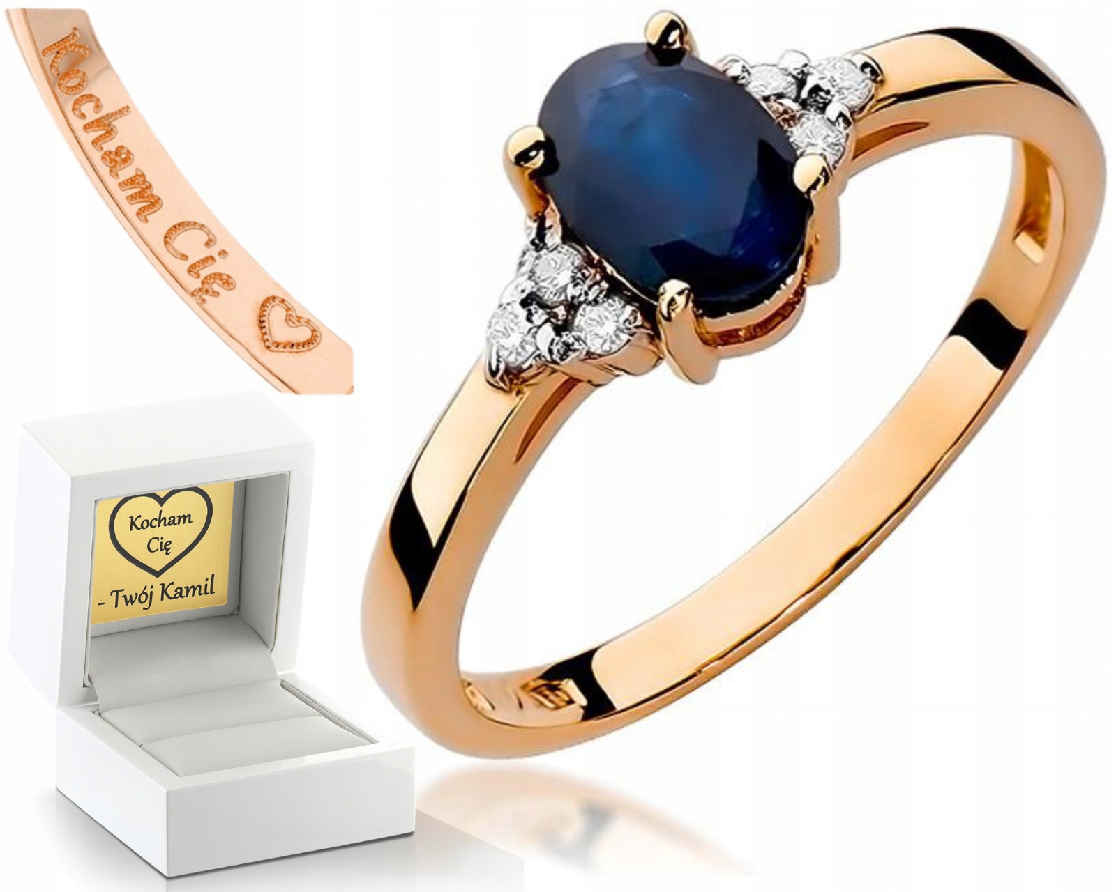 Růžové Zlato Prstýnek Safírový Briliant 585