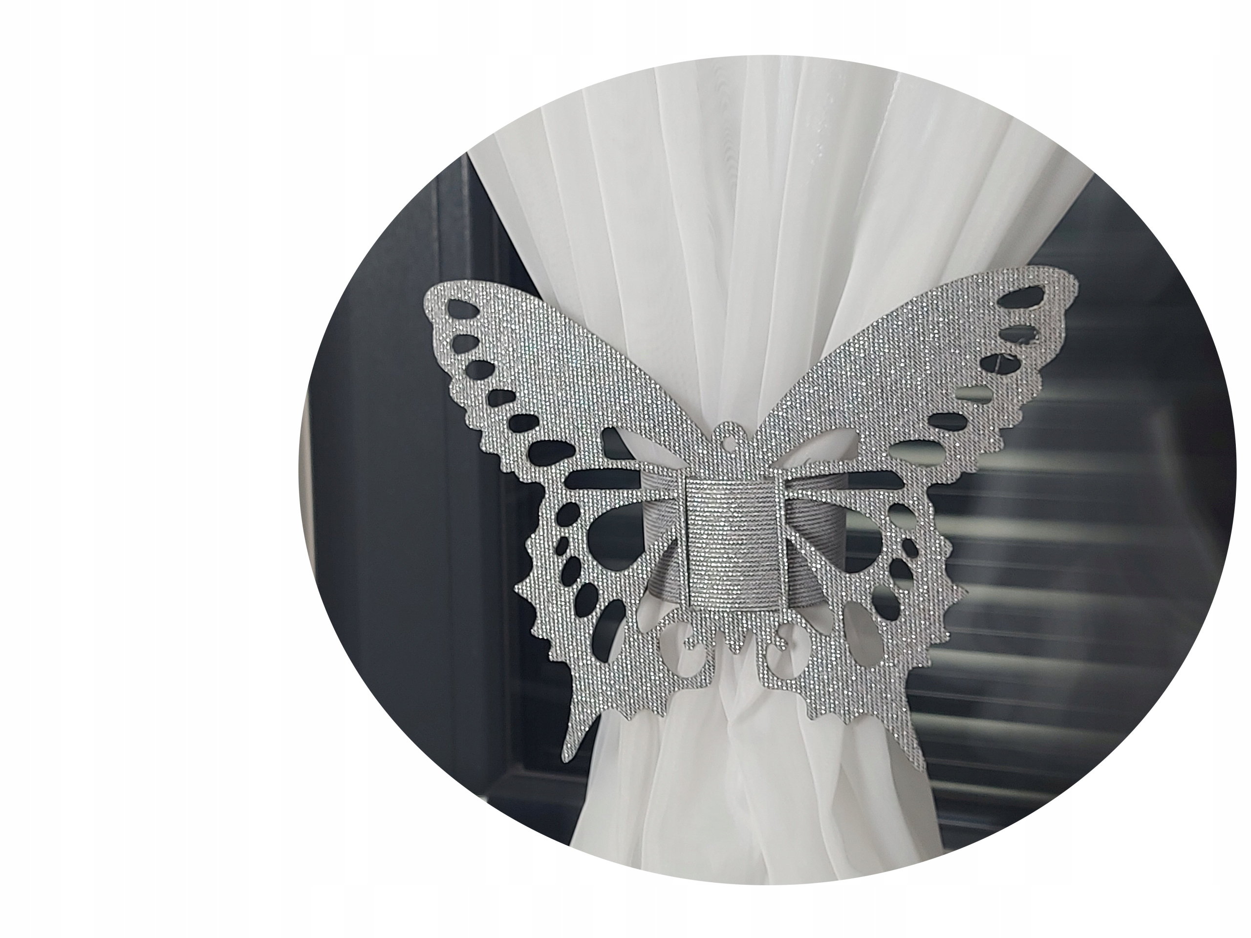 UPIĘCIE OZDOBNE AŻUROWE DO FIRAN ZASŁON MOTYLEK SREBNY NOWOŚĆ