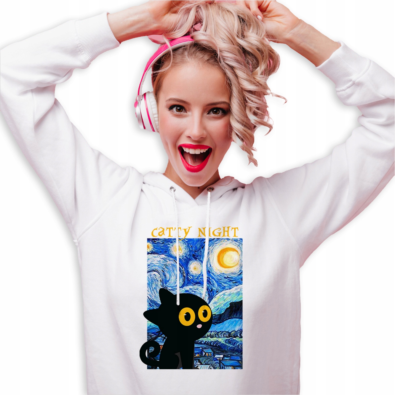 Mikina Bílá S Kapucí Pro Milovníka Kočiček Catty Night Vzory M