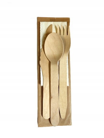 Zestaw sztućce drewniane widelec, nóż, łyżka drewniana, serwetka 100szt Kod producenta Wytwórnia Drewnianych Sztućców Z. Fyda