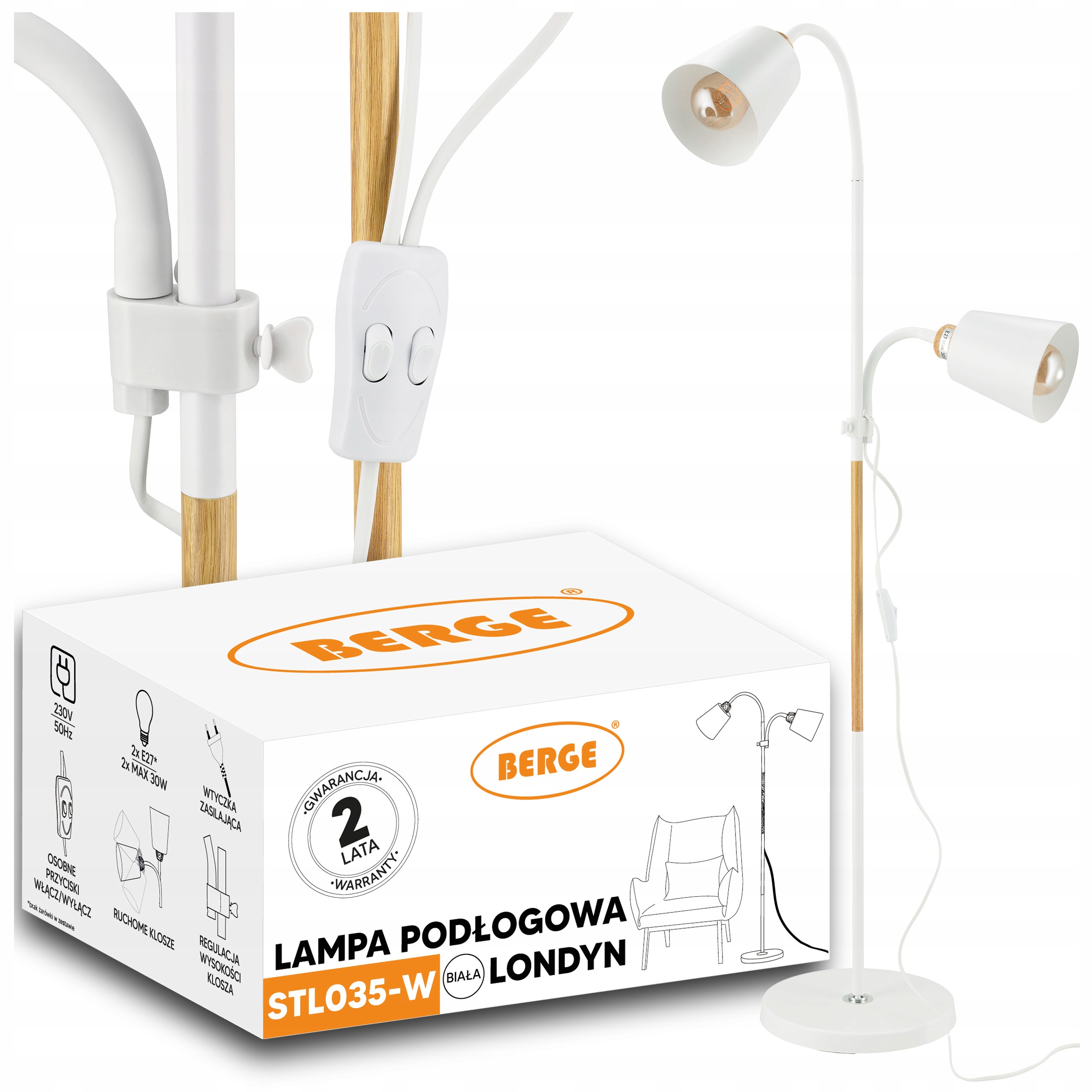 Lampa Lampka Stojąca Podłogowa Do Czytania Podwójna 2xE27 Regulacja Biała