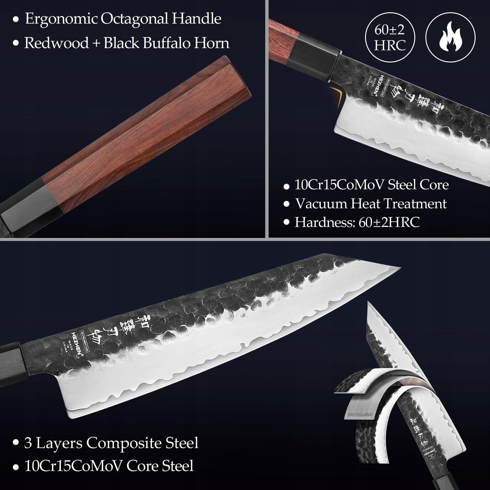 HEZHEN Profesjonalny Nóż Kiritsuke 21,5CM Stal Japońska Uchwyt Redwood — miniatura 5