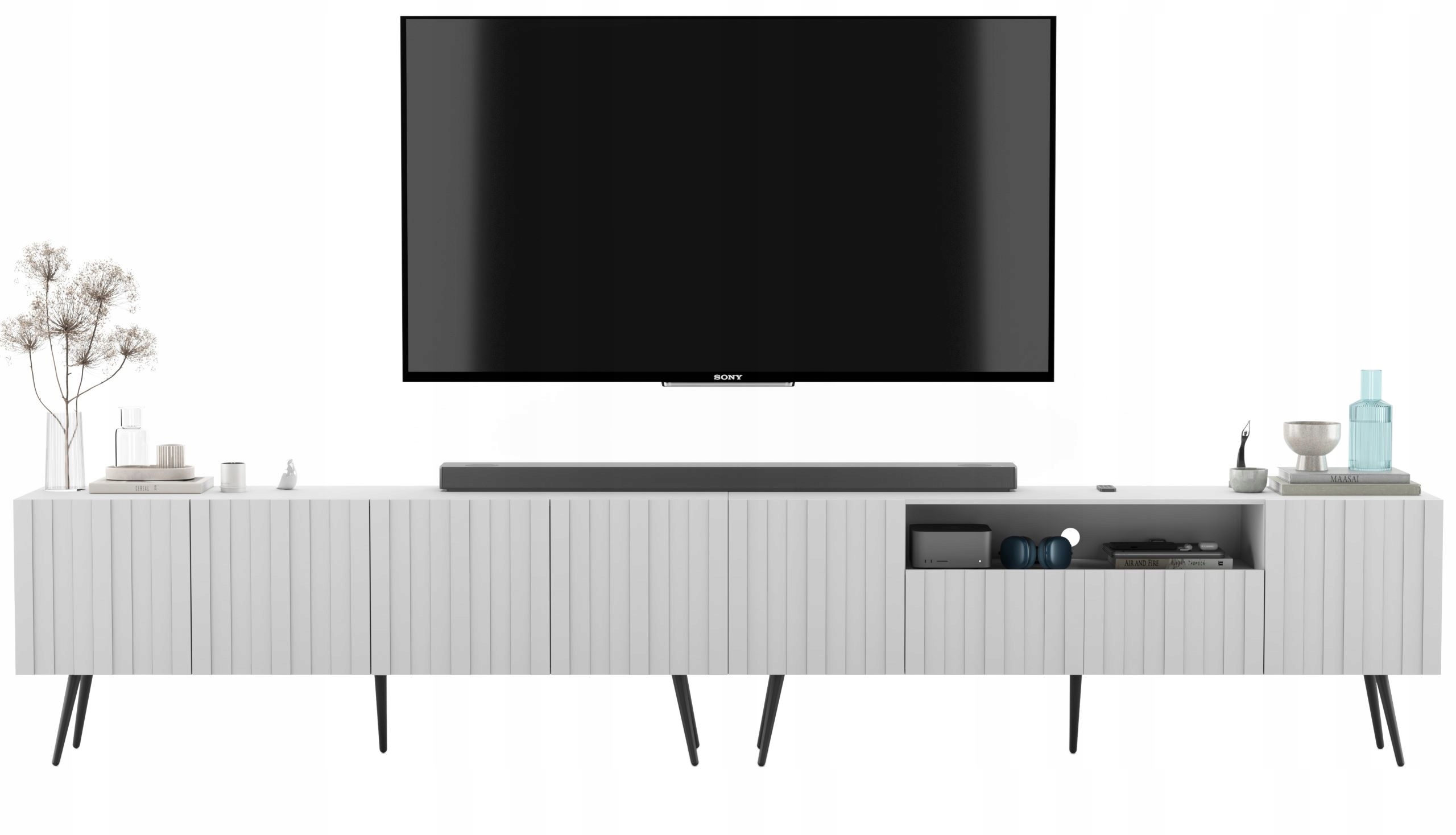 Komoda RTV Glamour Nowoczesna Szafka RTV Ryflowana Biały Mat Nogi Metalowe