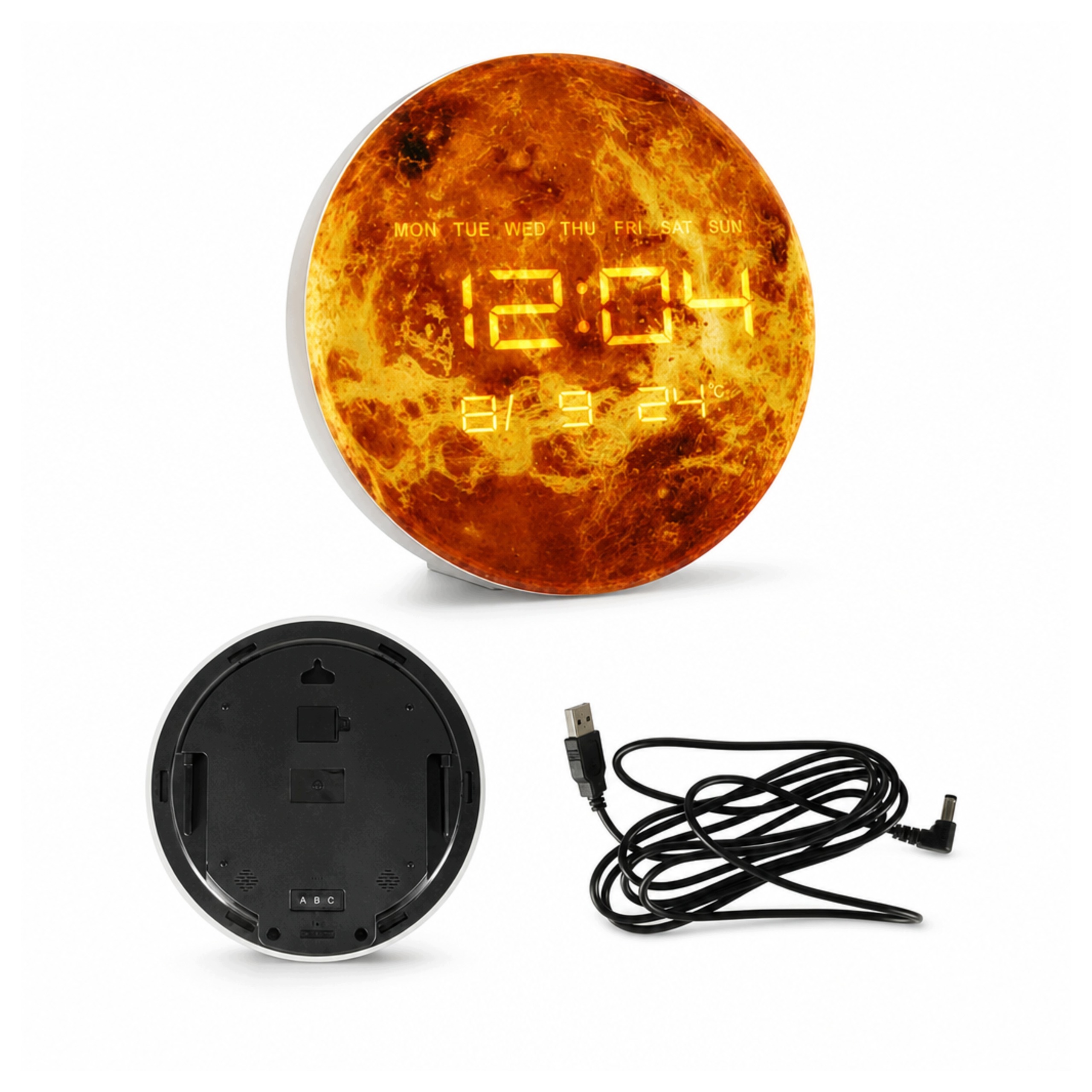 Nástěnné hodiny 32 cm s Led displejem motiv Planety Mars, oranžové
