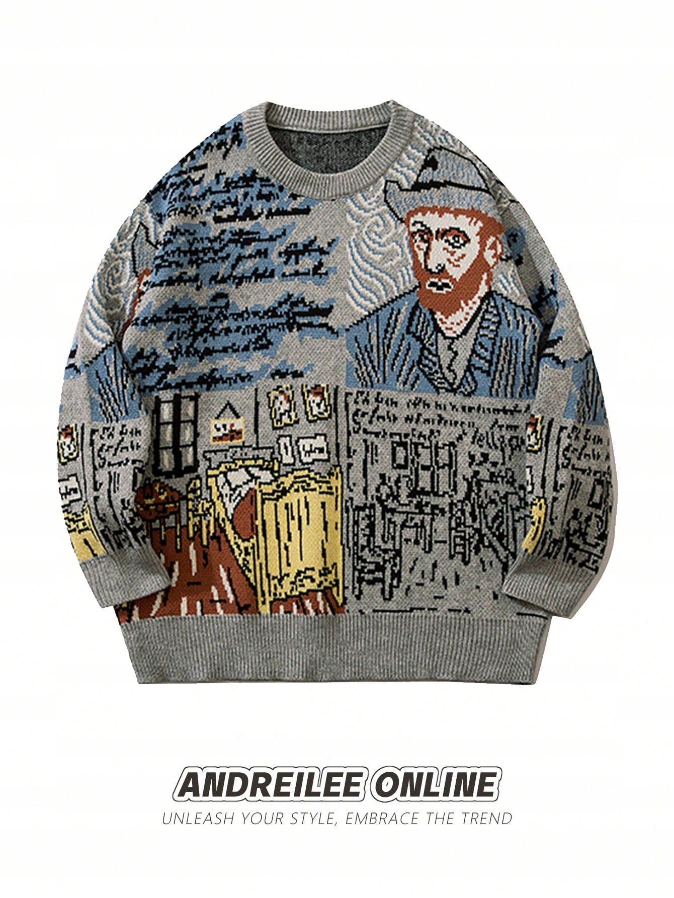 Pánský Svetr Inspirovaný Obrazem Van Gogha Šedý Casual Shein M