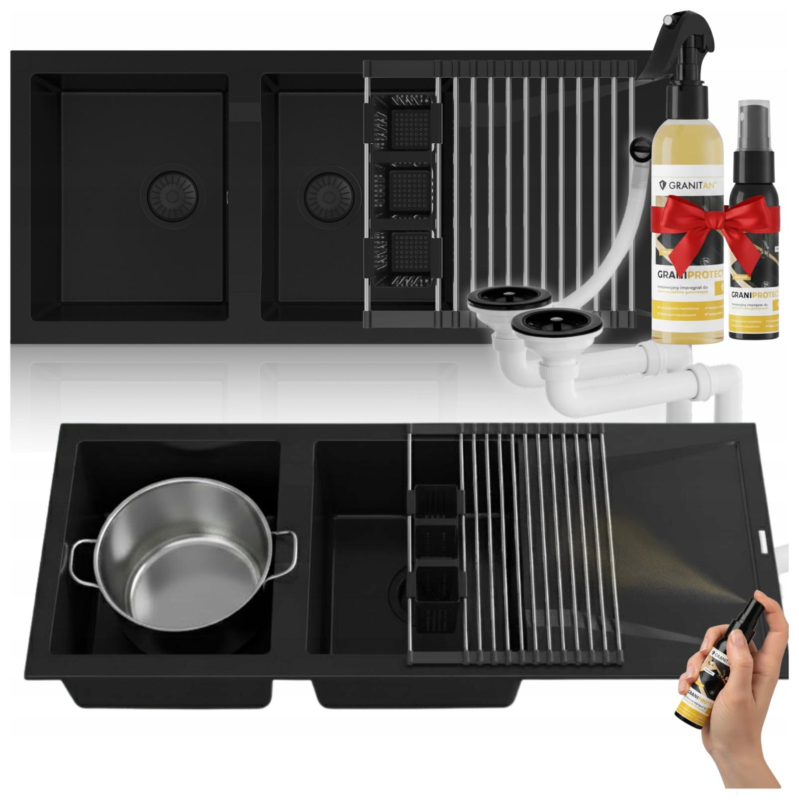 Granitový dřez Primo černý Dřez 2-komorový Set s odkapávačem