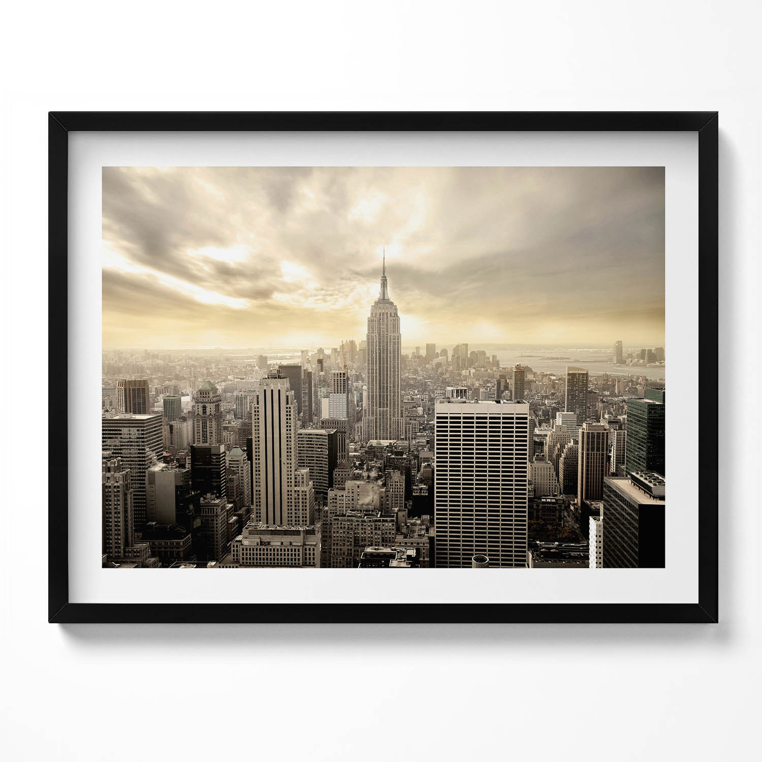 Závěsný obraz rámeček v černé barvě Panorama Empire State Building 80x60 cm