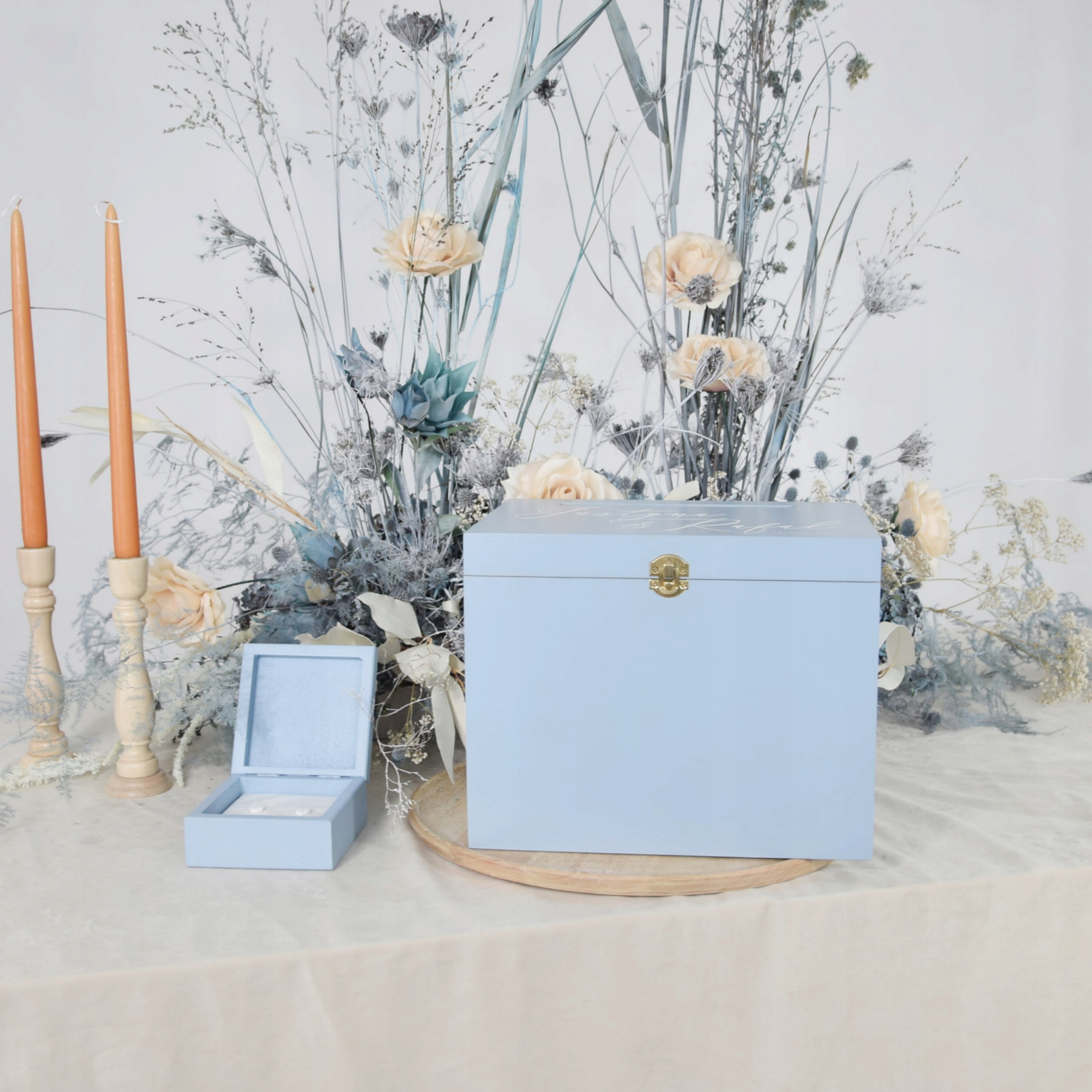 Duże Pudełko na KOPERTY + OBRĄCZKI dusty blue ślub ŚLUB Materiał wykonania drewno