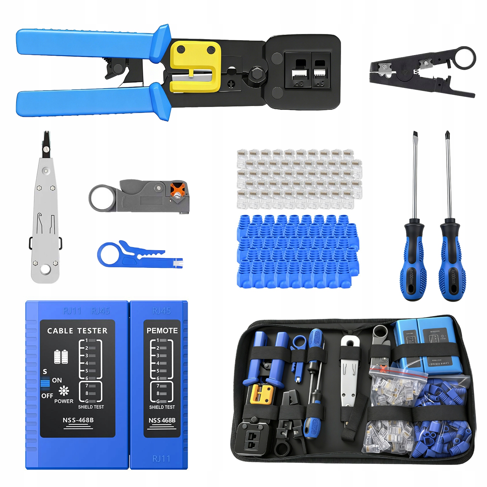 Zestaw narzędzi sieciowych RJ45 RJ11 tester zaciskarka 145 el