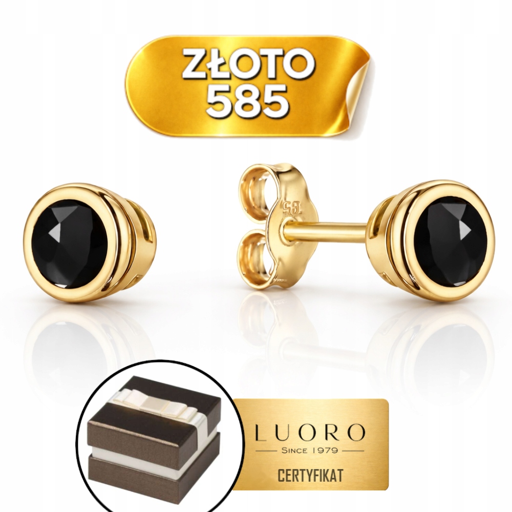 Náušnice Zlaté 585 14K Černý Kámen Kuličky 3 MM Elegantní Tyčinka