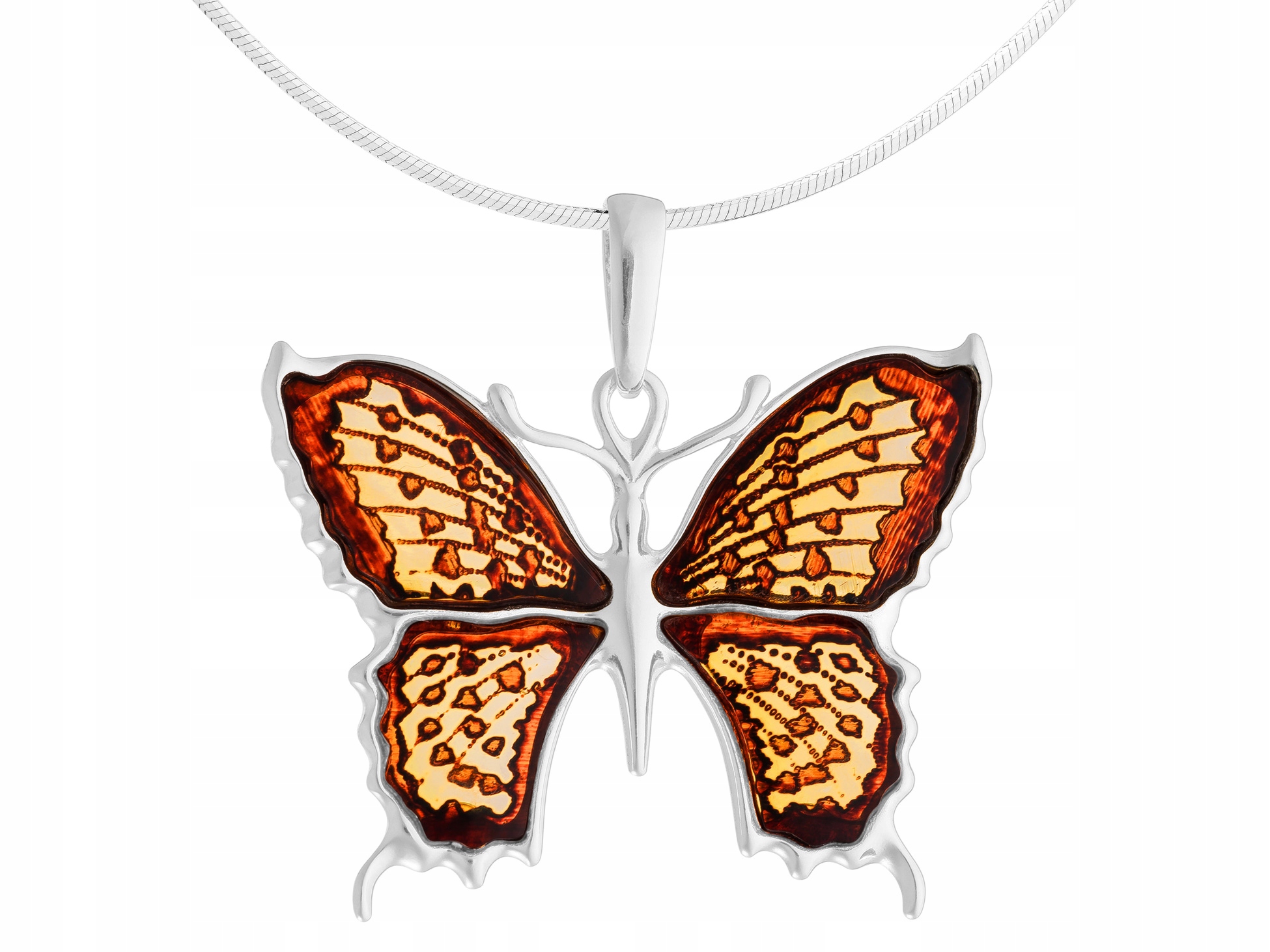 Velký stříbrný dámský náhrdelník Motýl s jantarem, dlouhý motýlek Stříbro 65 cm