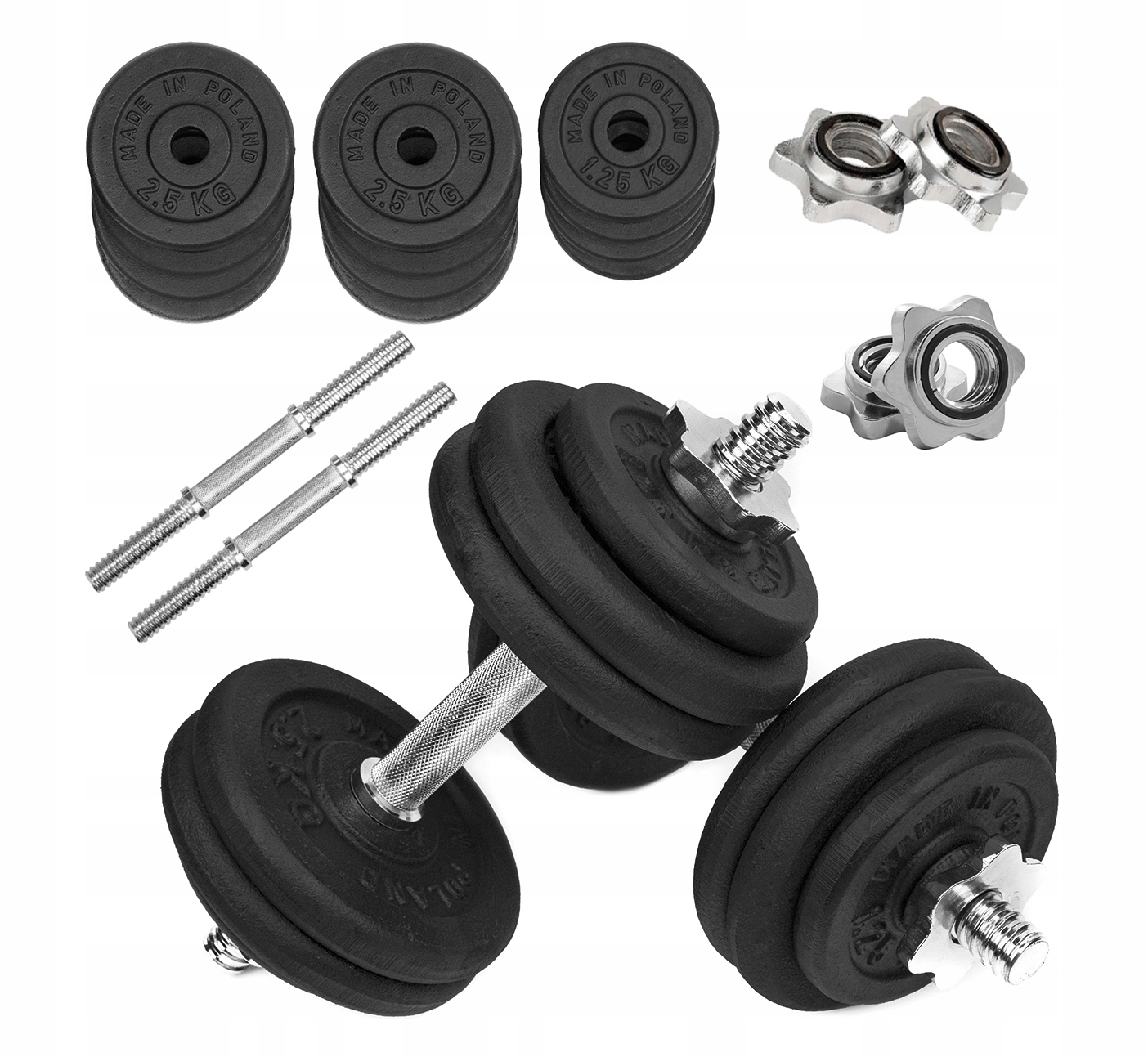 

Hantle Żeliwne 2x15 kg gryf talerze zestaw 30kg