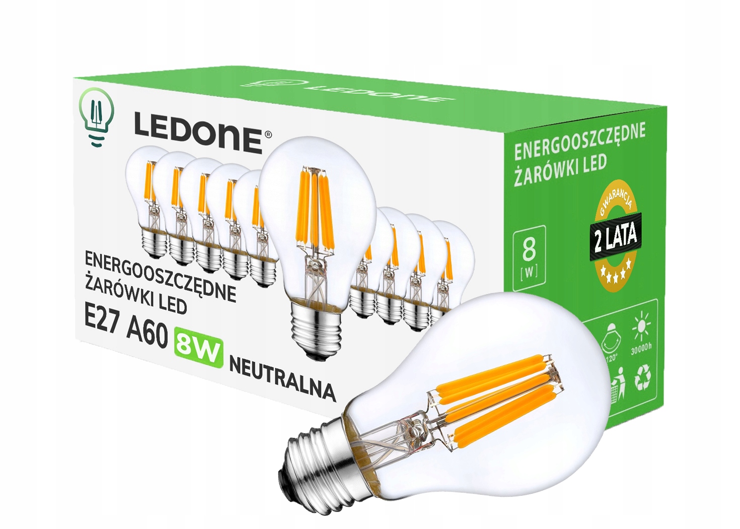 10x Led filamentová žárovka E27 A60 8W bílá Neutrální Clear Led sada