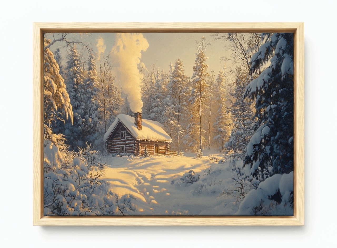 Obraz Rám Americký Box Krajina Zima Sníh Závěje Les Dům Chata Slunce 60x40